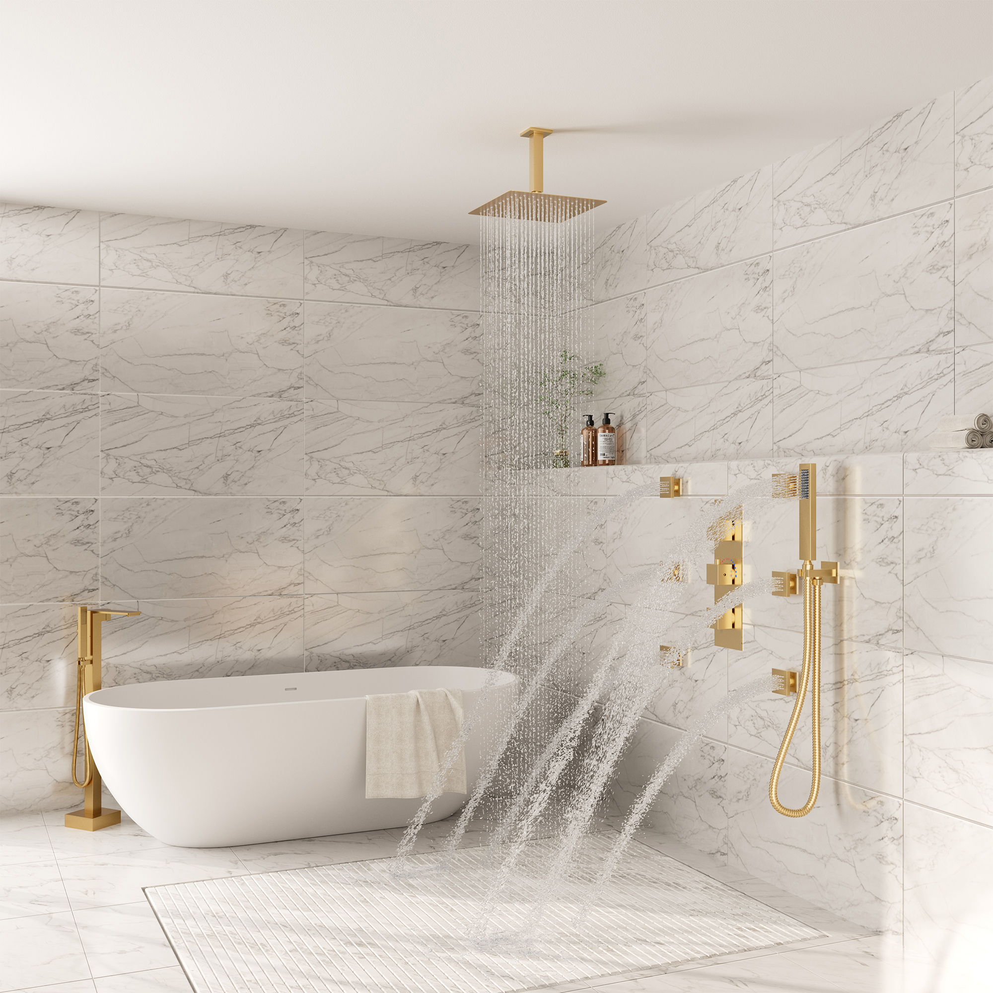 3-Function Ceiling-Mounted Thermostatic Shower System with 6 Body Jets