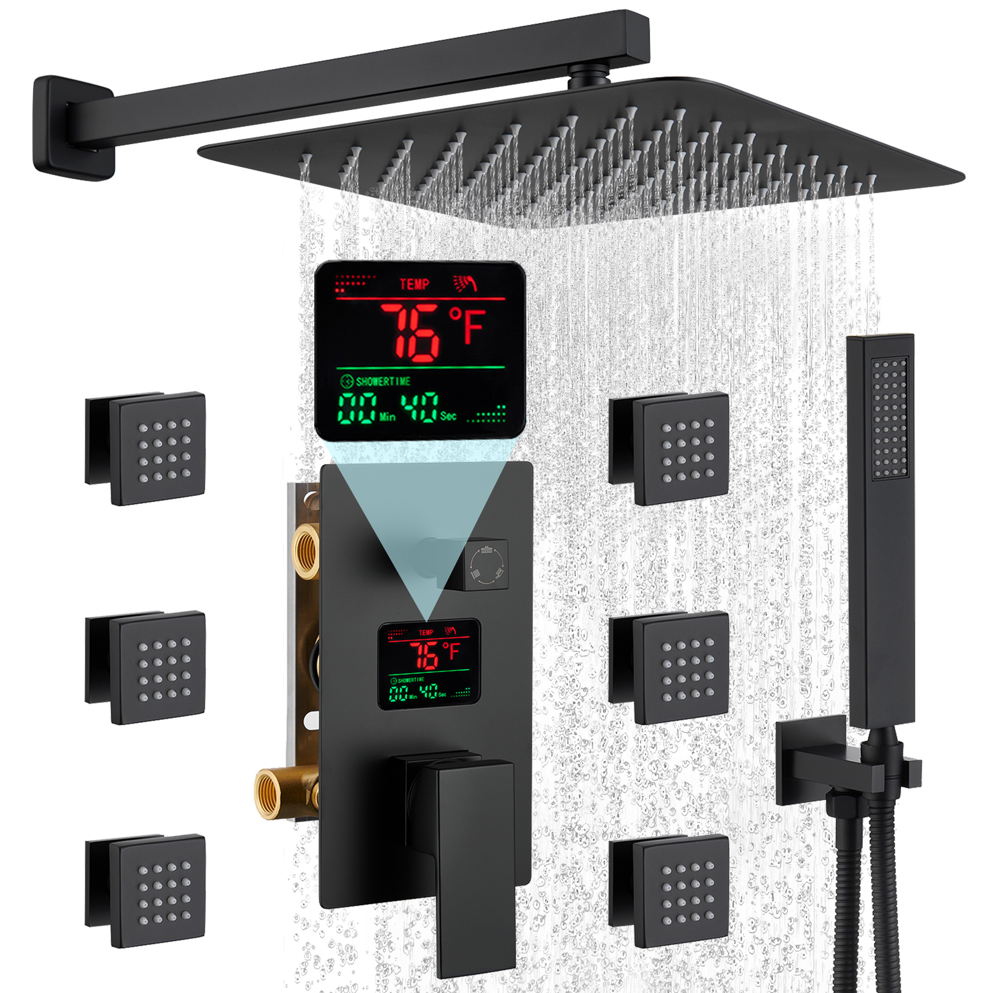 12" Wall Mount Rain Shower System with Water-Powered Digital Display
