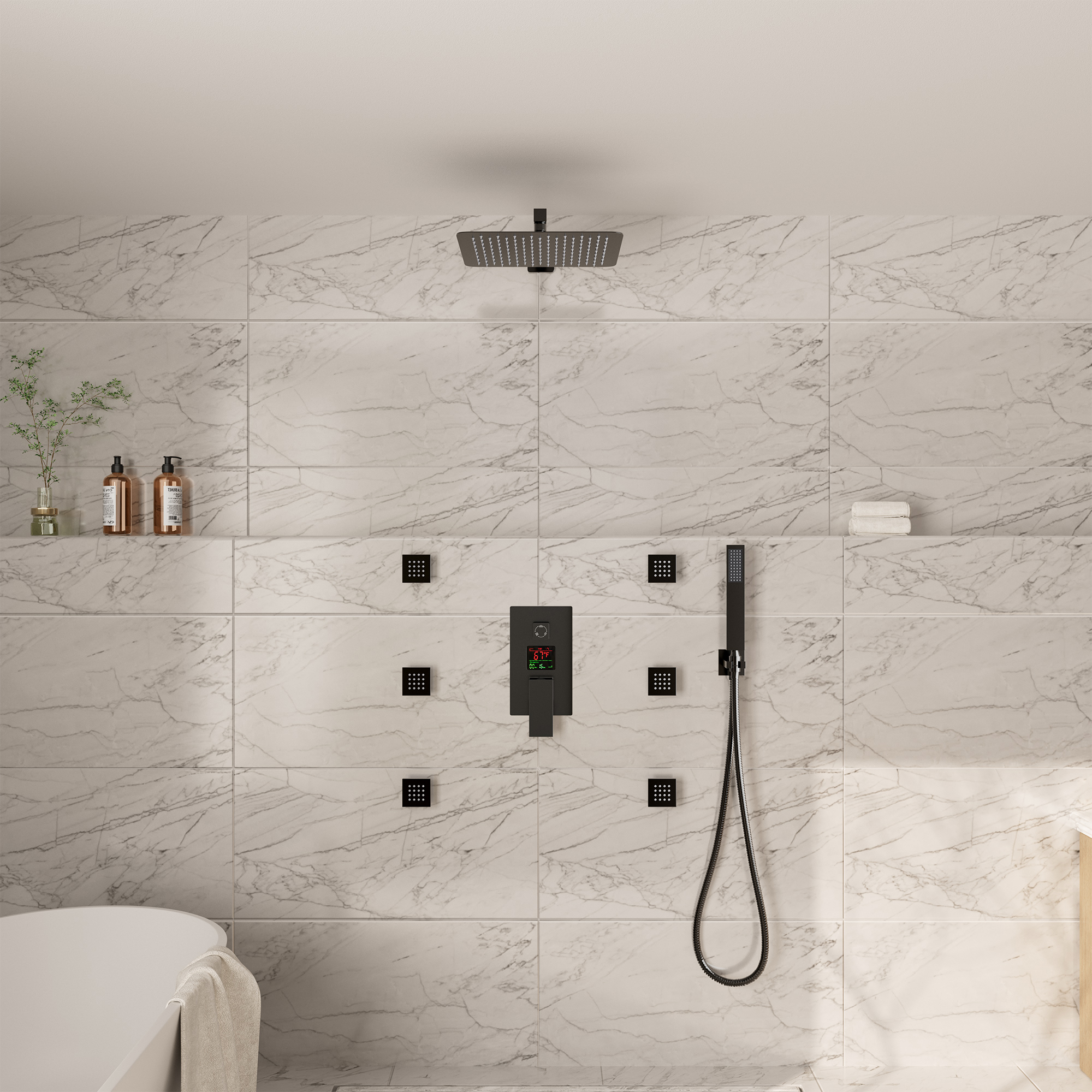 12" Wall Mount Rain Shower System with Water-Powered Digital Display