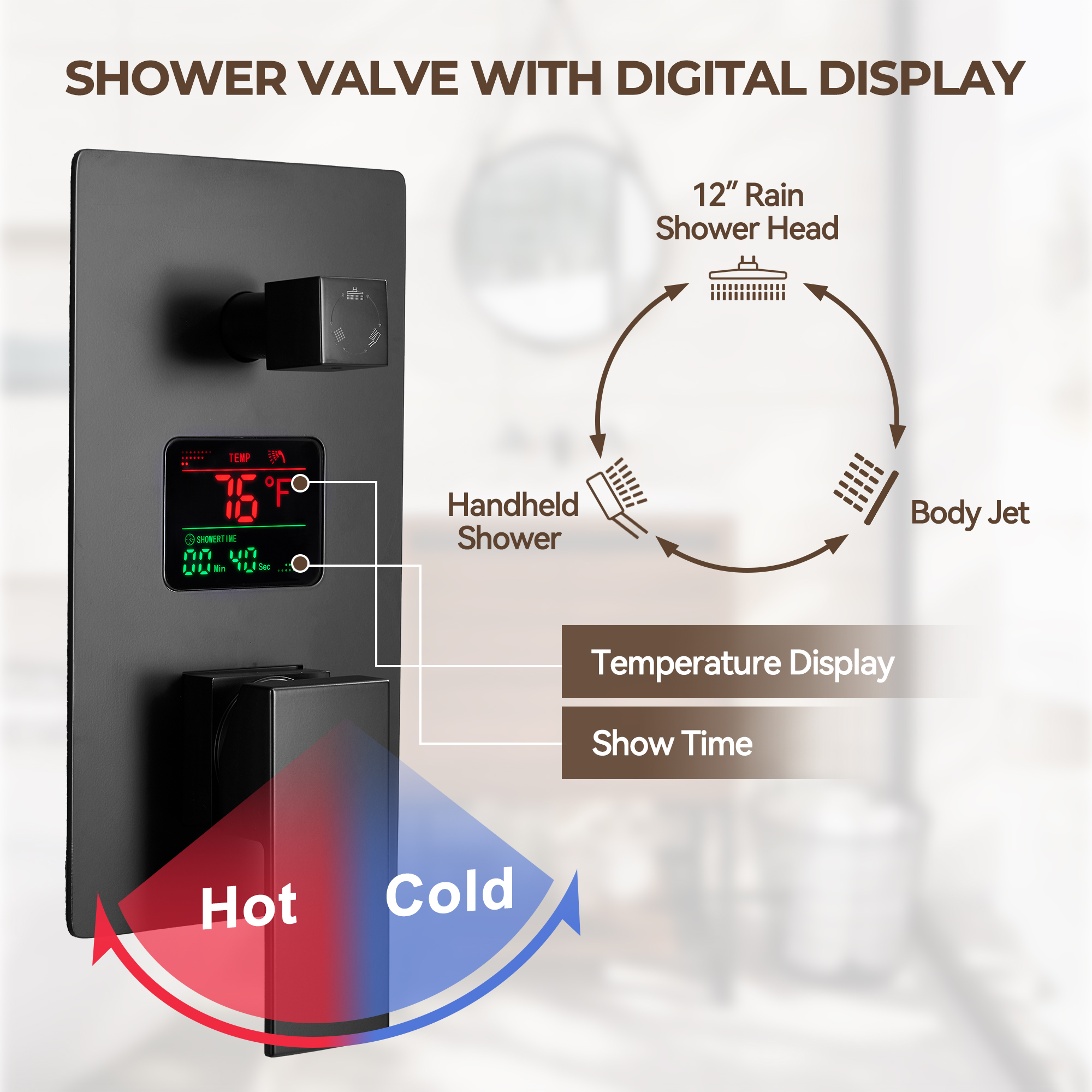 12" Wall Mount Rain Shower System with Water-Powered Digital Display