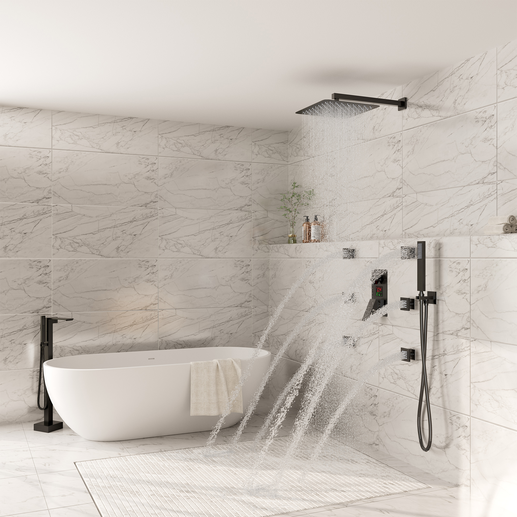12" Wall Mount Rain Shower System with Water-Powered Digital Display