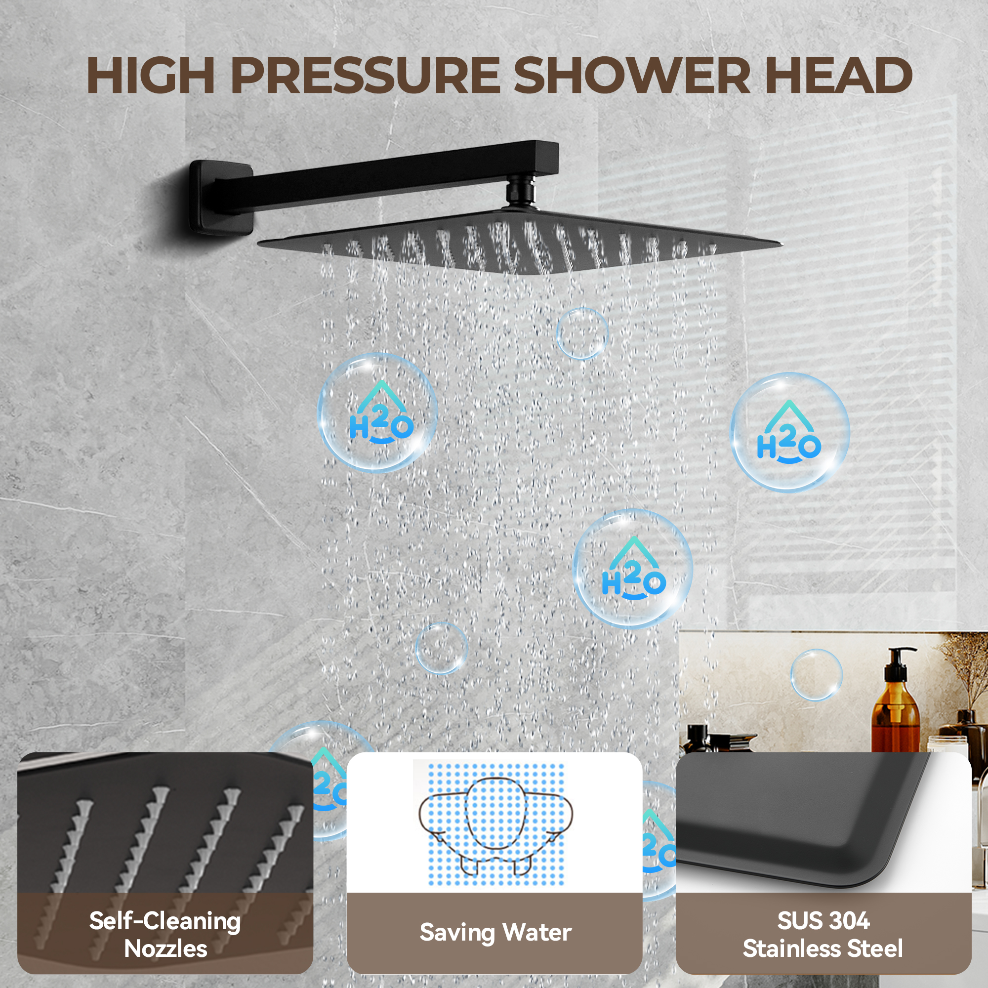 12" Wall Mount Rain Shower System with Water-Powered Digital Display