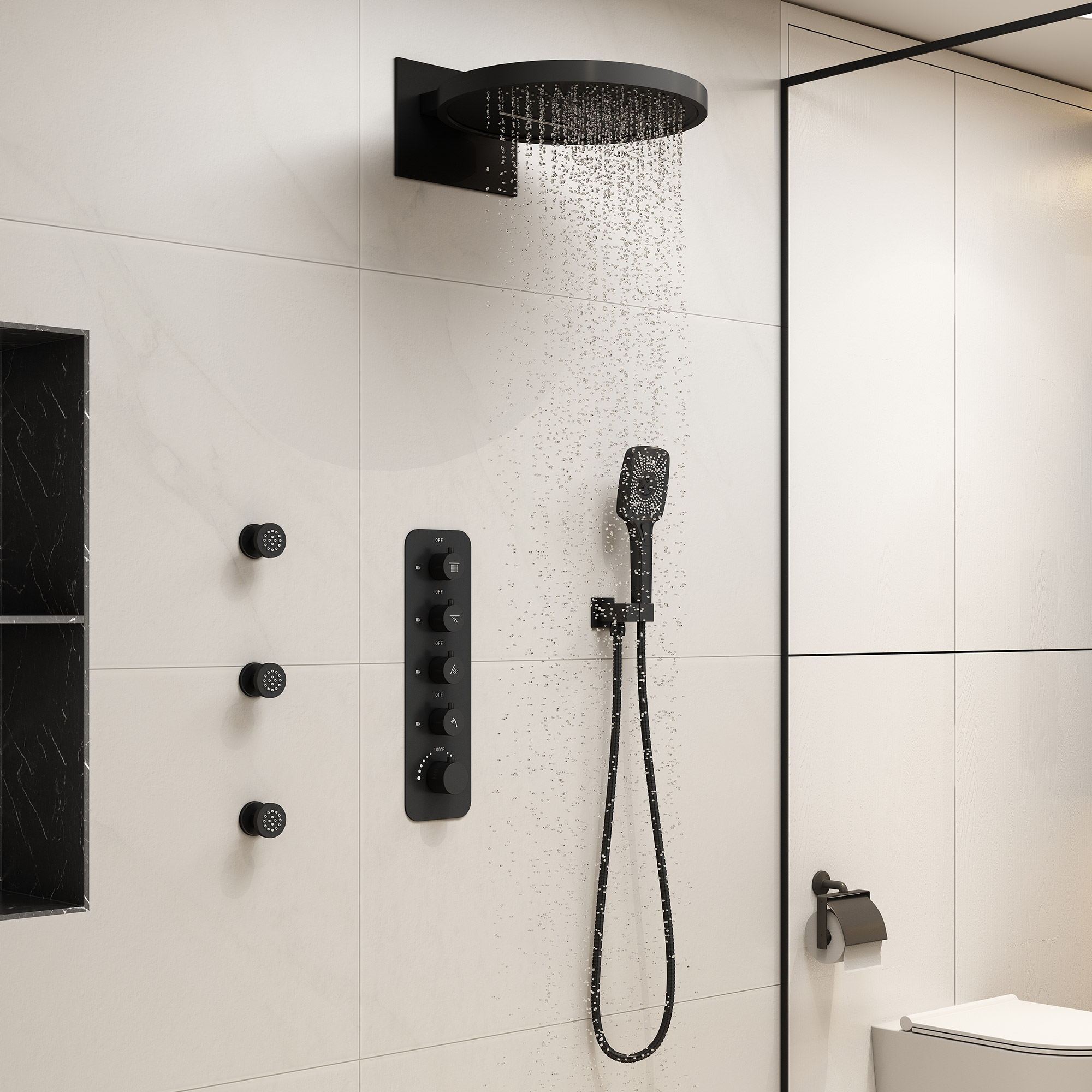 16-inch Wall-Mounted 4-Function Thermostatic Shower System with 3 Body Jets