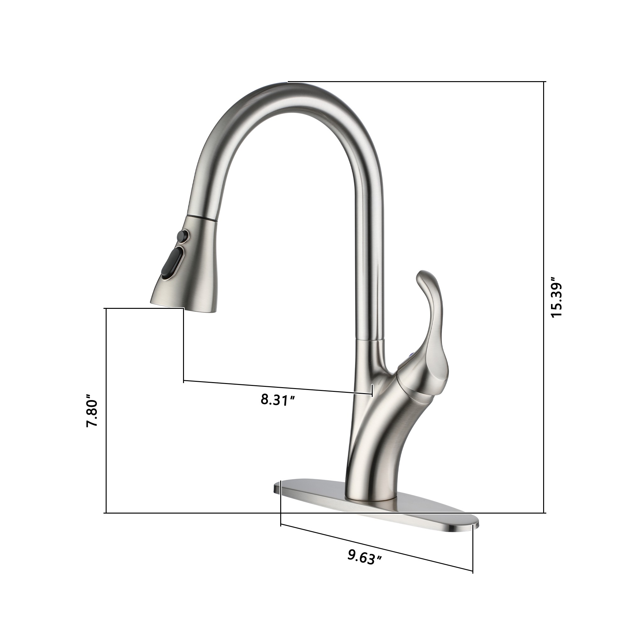 Stainless Steel Single Handle Pull Down Sprayer Kitchen Faucet with 3-Spray Patterns and Deck Plate