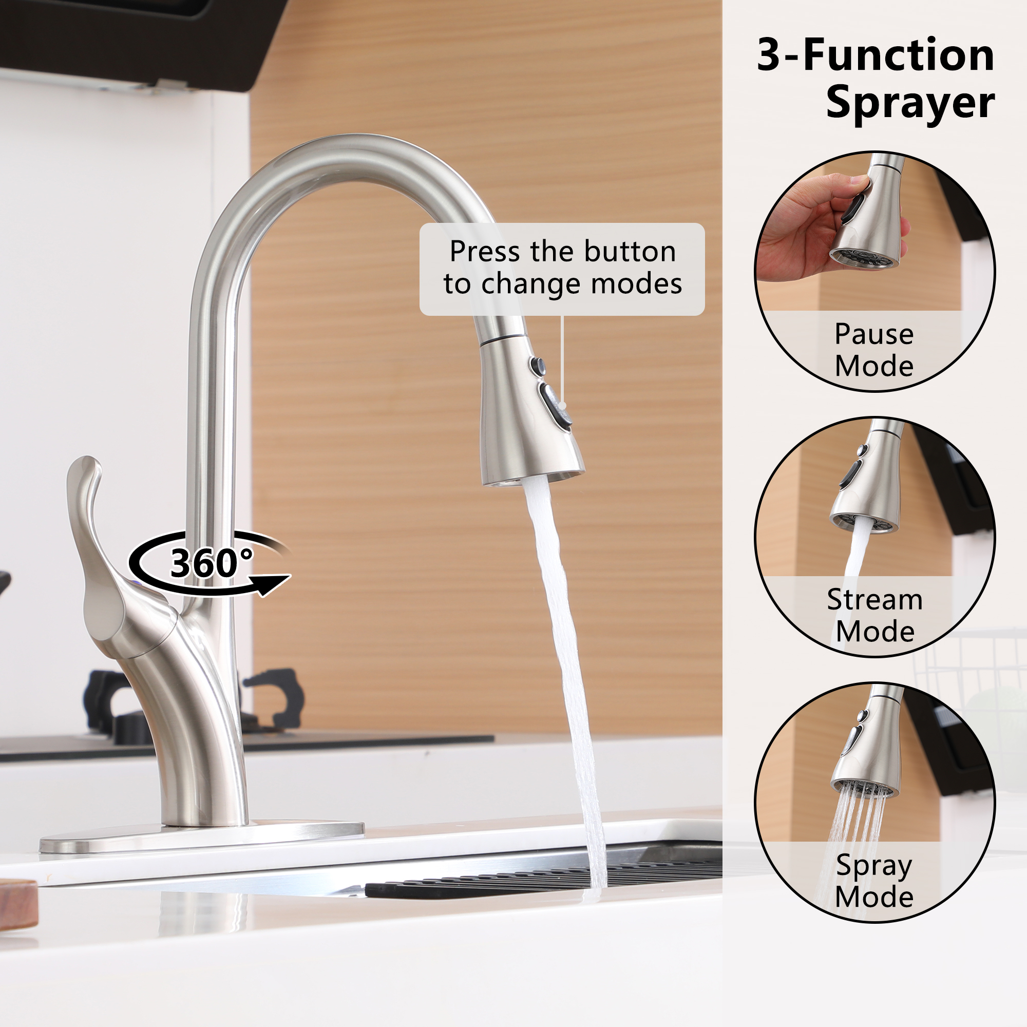 Stainless Steel Single Handle Pull Down Sprayer Kitchen Faucet with 3-Spray Patterns and Deck Plate