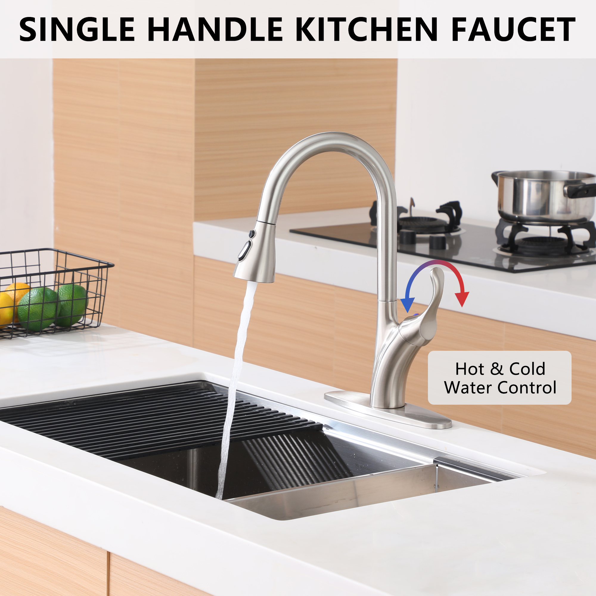 Stainless Steel Single Handle Pull Down Sprayer Kitchen Faucet with 3-Spray Patterns and Deck Plate