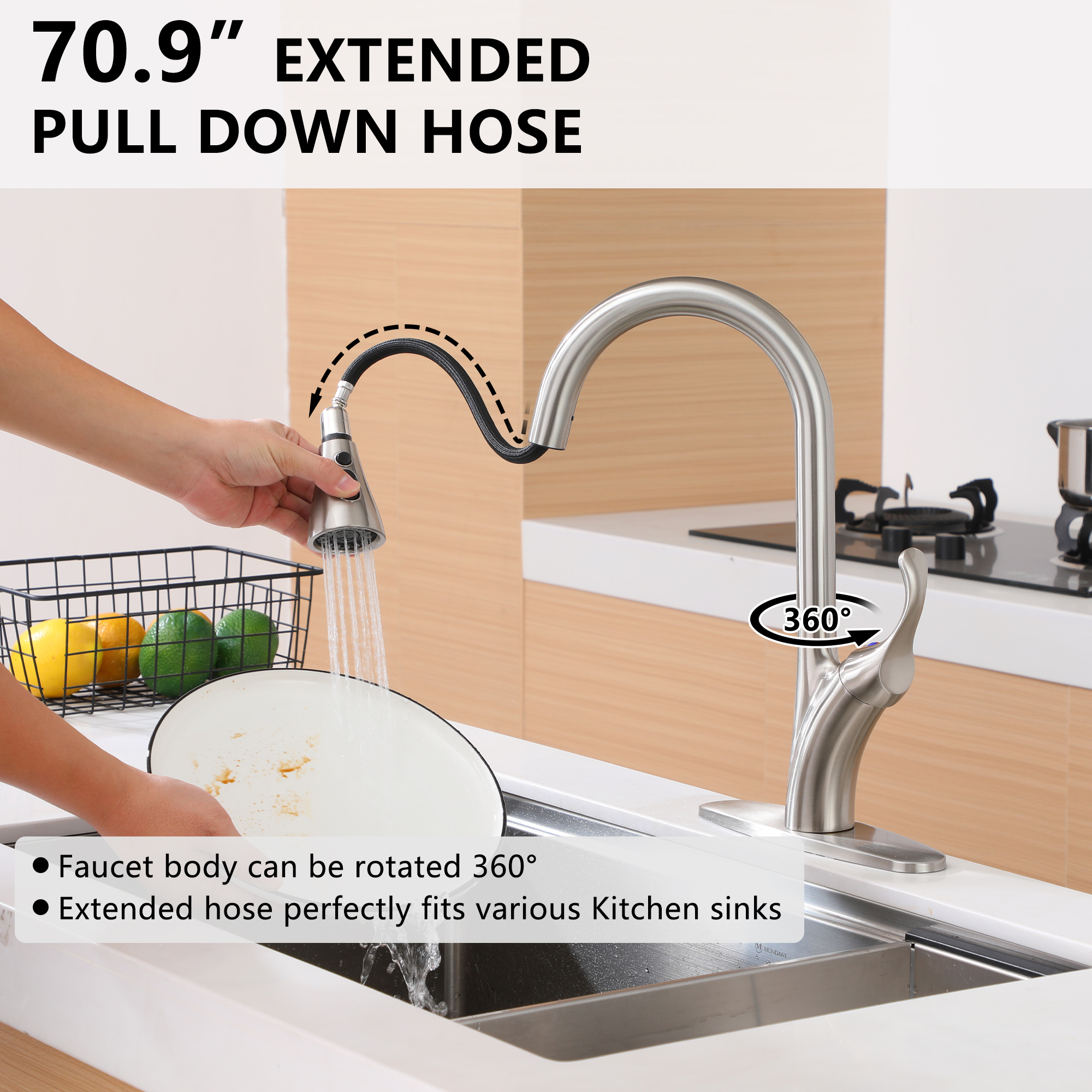 Stainless Steel Single Handle Pull Down Sprayer Kitchen Faucet with 3-Spray Patterns and Deck Plate