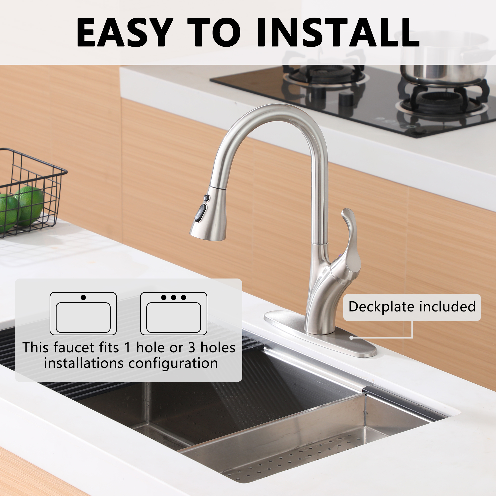 Stainless Steel Single Handle Pull Down Sprayer Kitchen Faucet with 3-Spray Patterns and Deck Plate