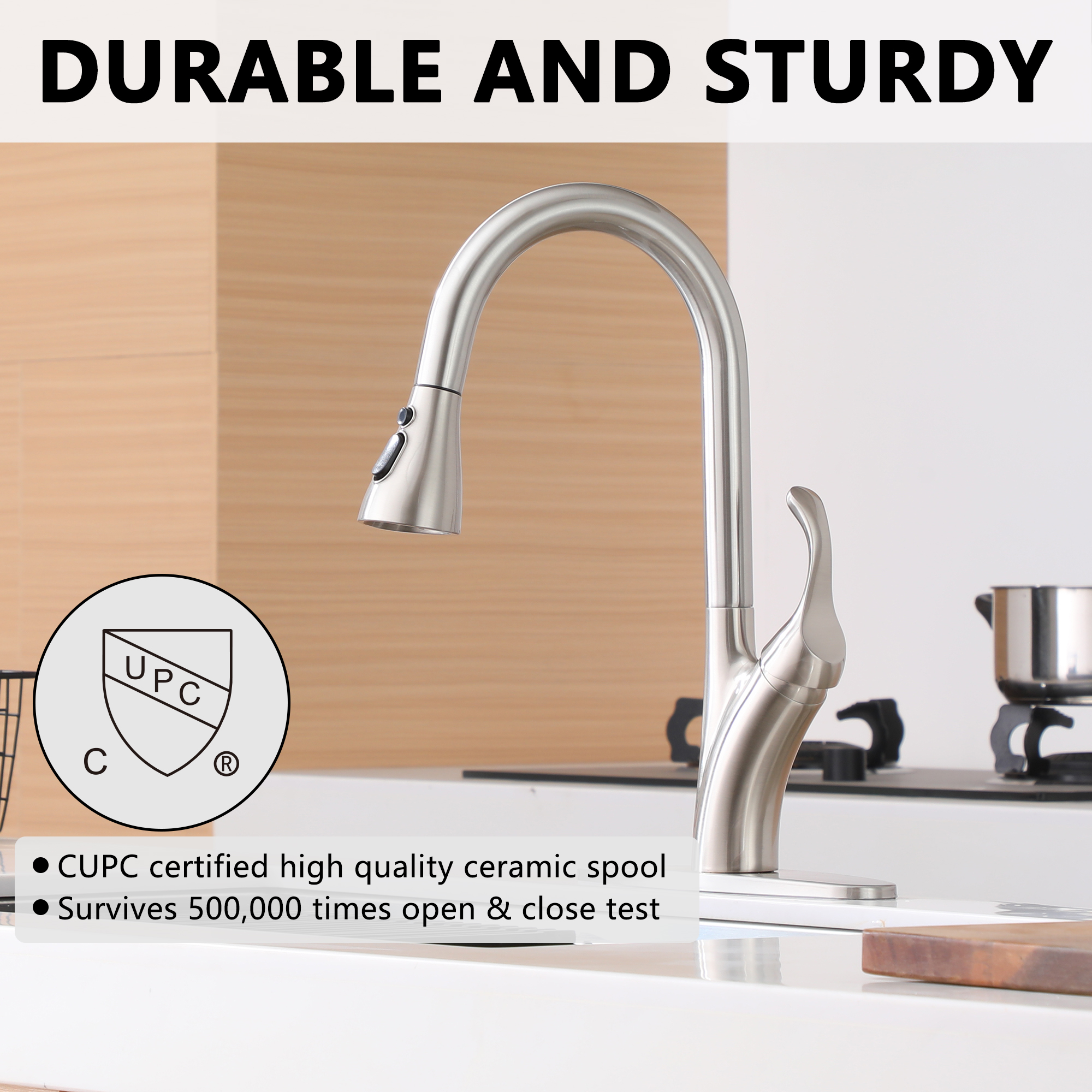 Stainless Steel Single Handle Pull Down Sprayer Kitchen Faucet with 3-Spray Patterns and Deck Plate