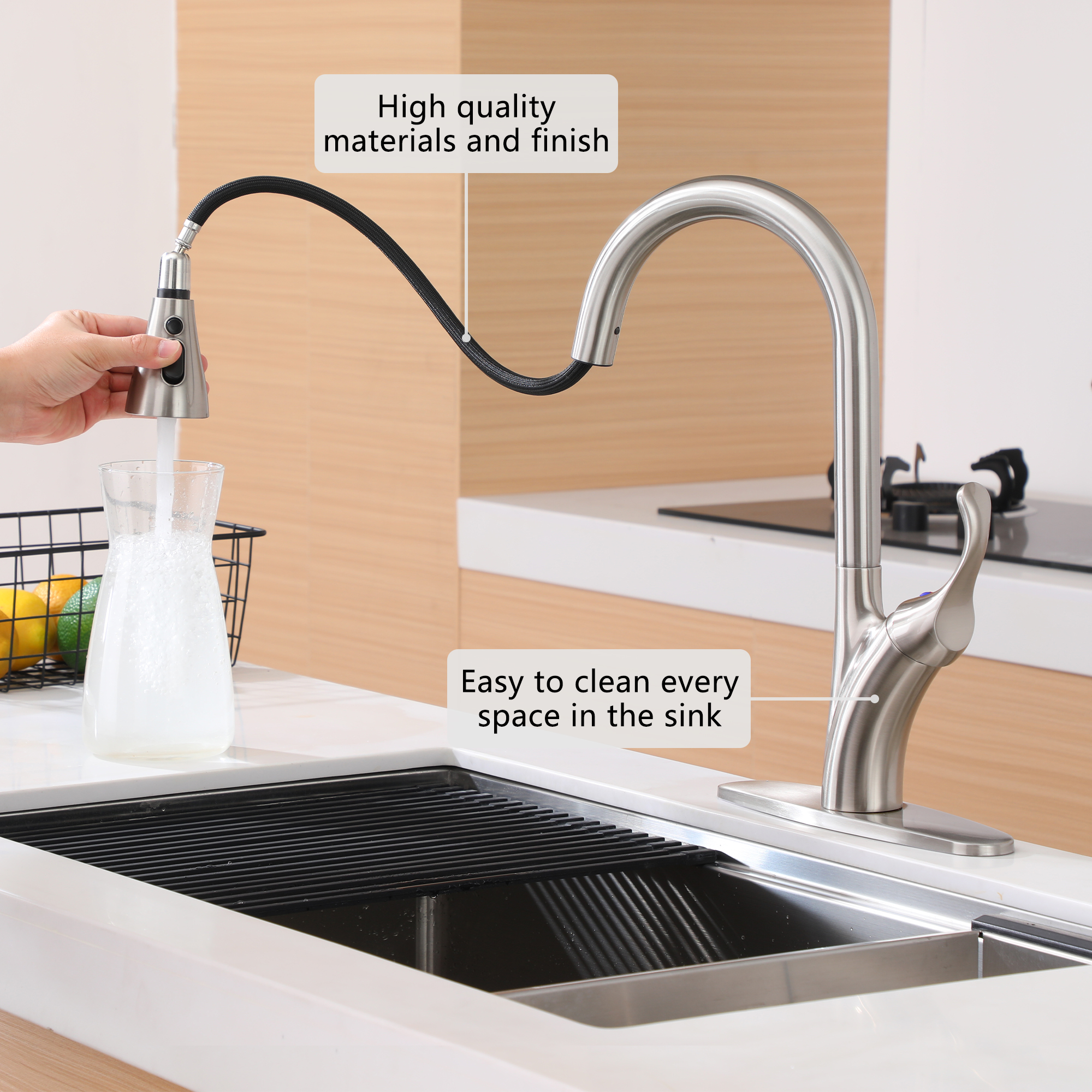 Stainless Steel Single Handle Pull Down Sprayer Kitchen Faucet with 3-Spray Patterns and Deck Plate