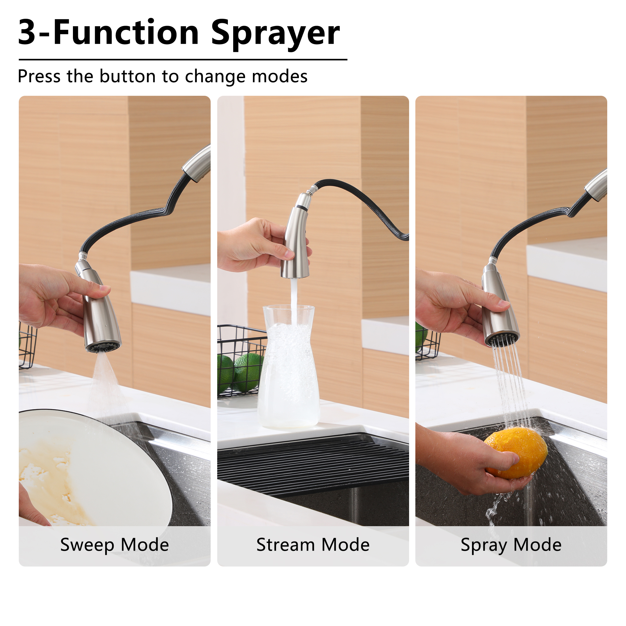 Single Handle Pull Down Kitchen Faucet with 3-Spray Modes and Deck Plate