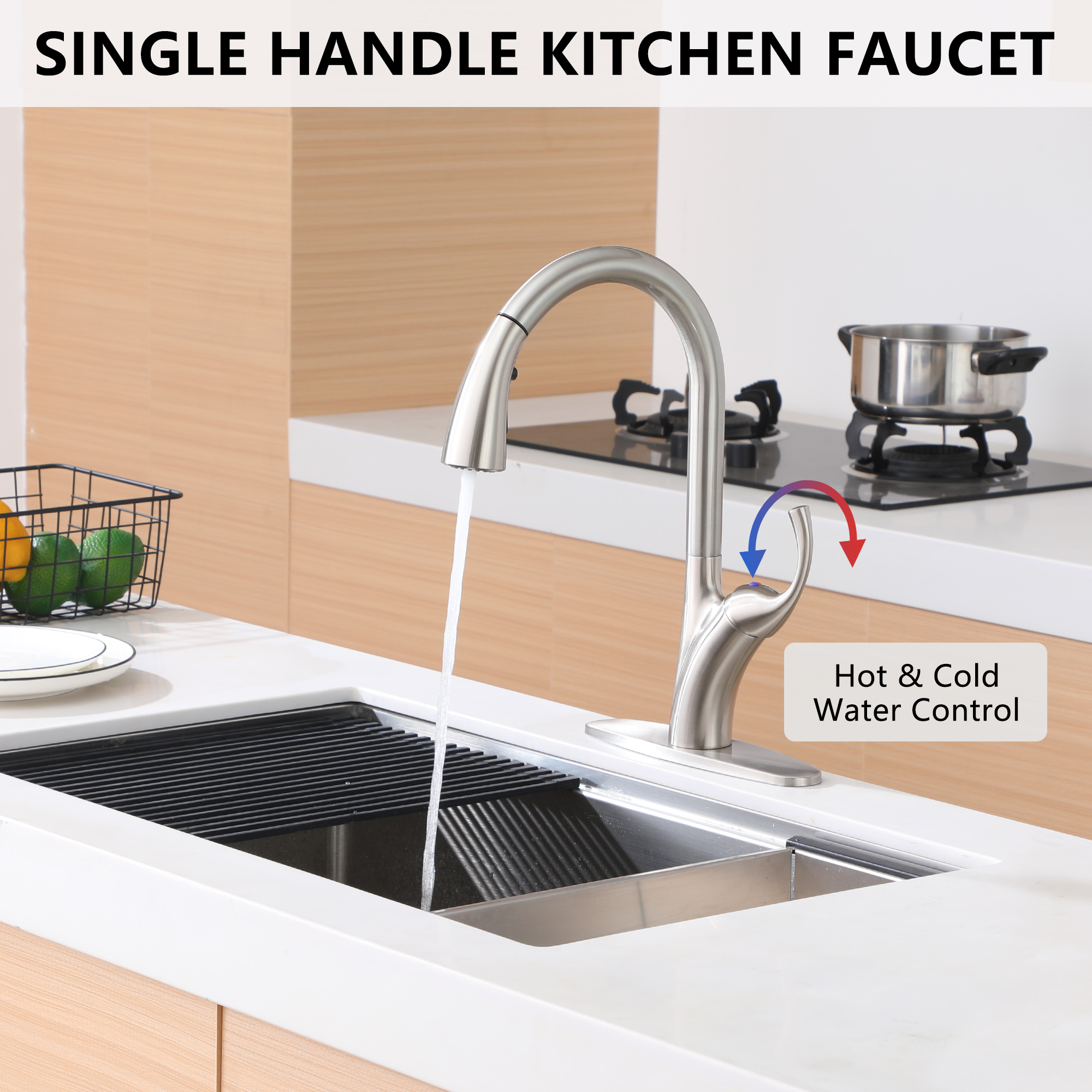Single Handle Pull Down Kitchen Faucet with 3-Spray Modes and Deck Plate