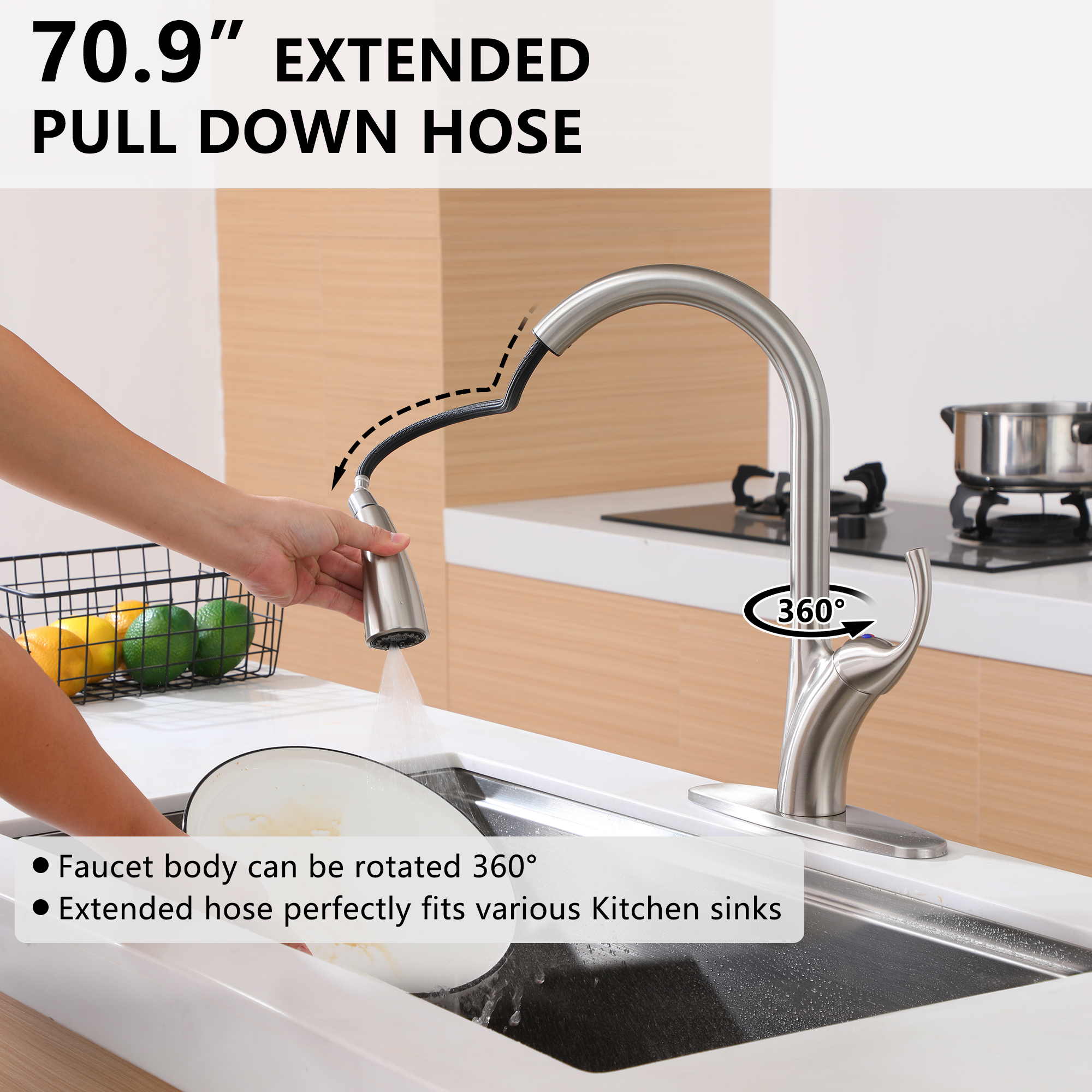 Single Handle Pull Down Kitchen Faucet with 3-Spray Modes and Deck Plate