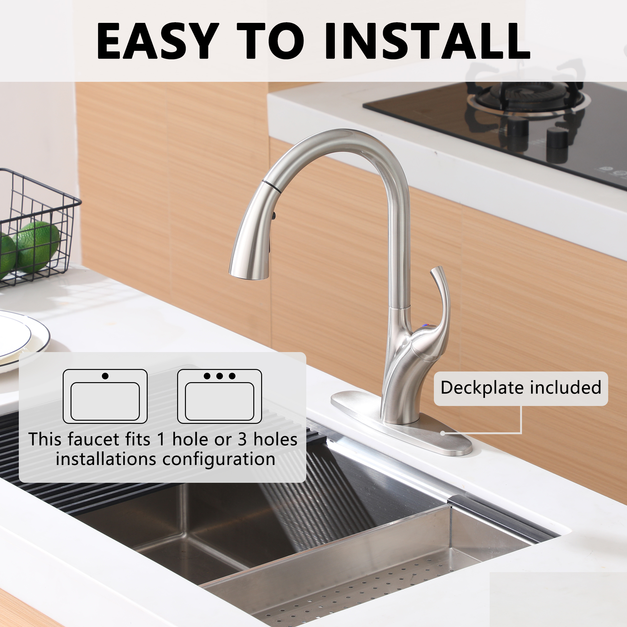 Single Handle Pull Down Kitchen Faucet with 3-Spray Modes and Deck Plate
