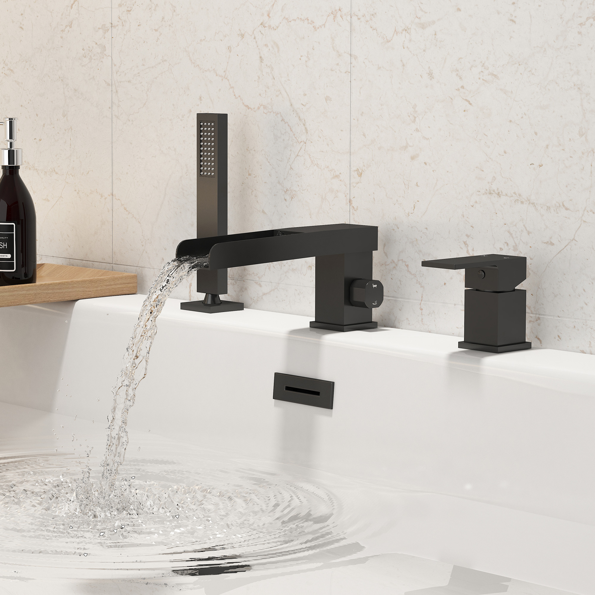 Single-Handle 3 Holes Waterfall Bathtub Filler Faucet with Hand Shower