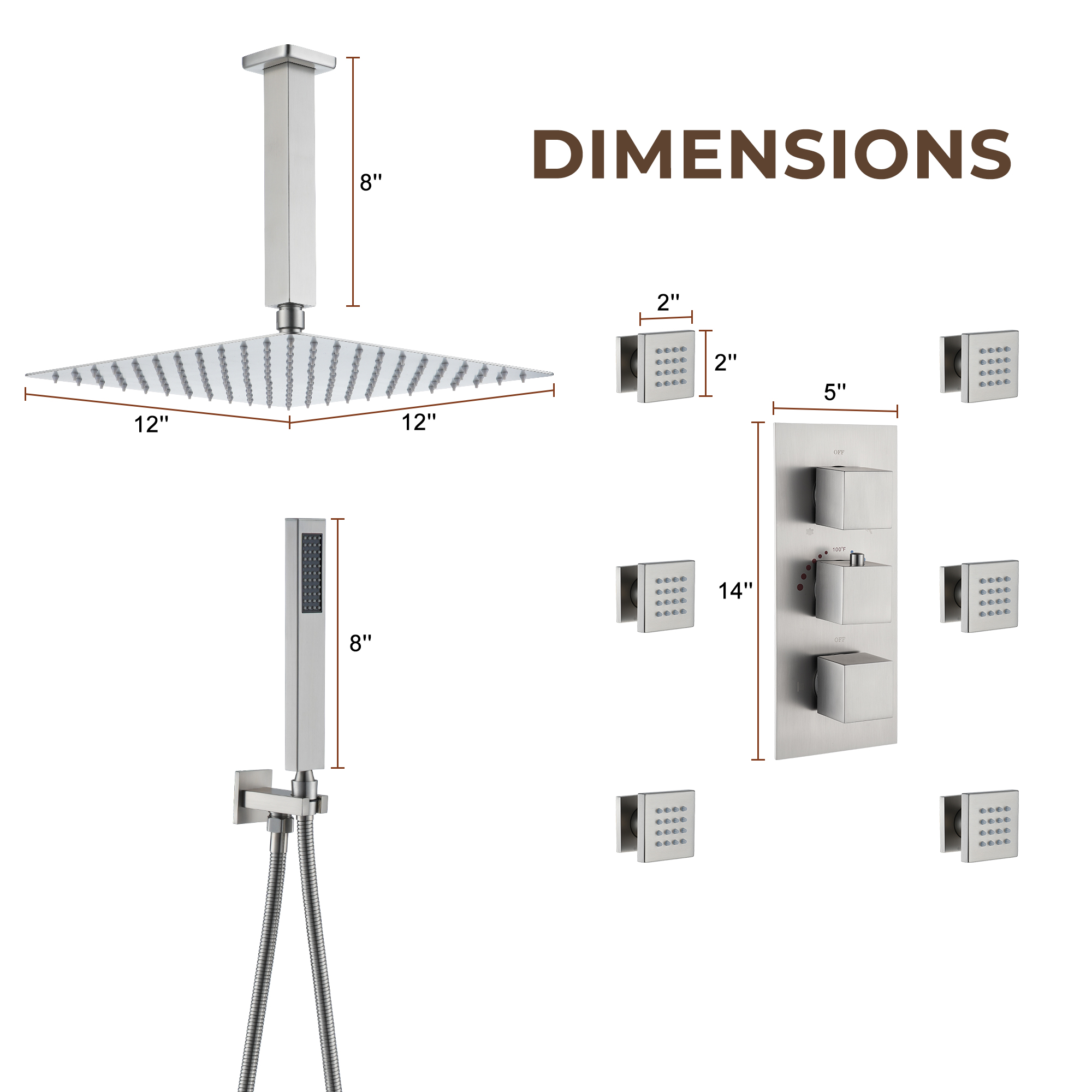 3-Function Ceiling-Mounted Thermostatic Shower System with 6 Body Jets