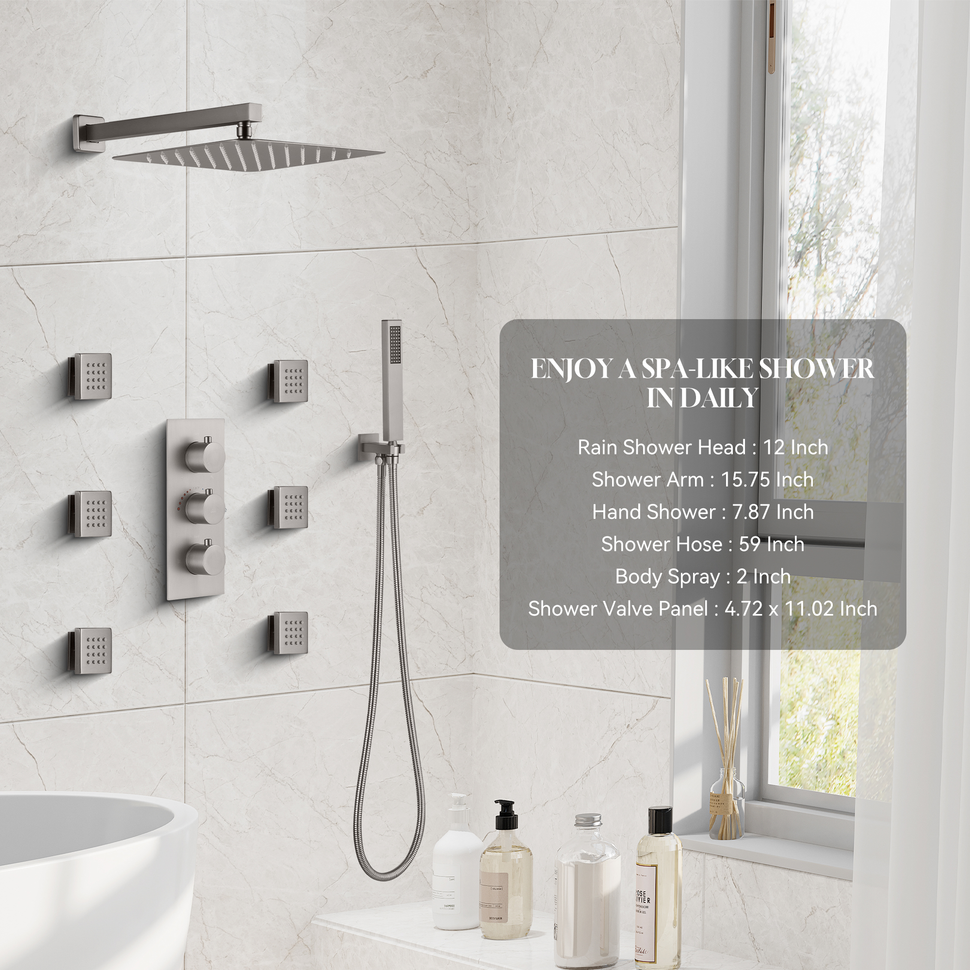 12" Thermostatic Complete Shower System with Rough-in Valve & 6 Body Jets