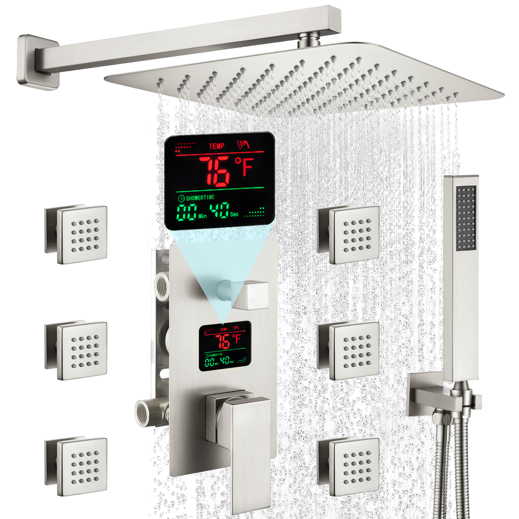 12" Wall Mount Rain Shower System with Water-Powered Digital Display