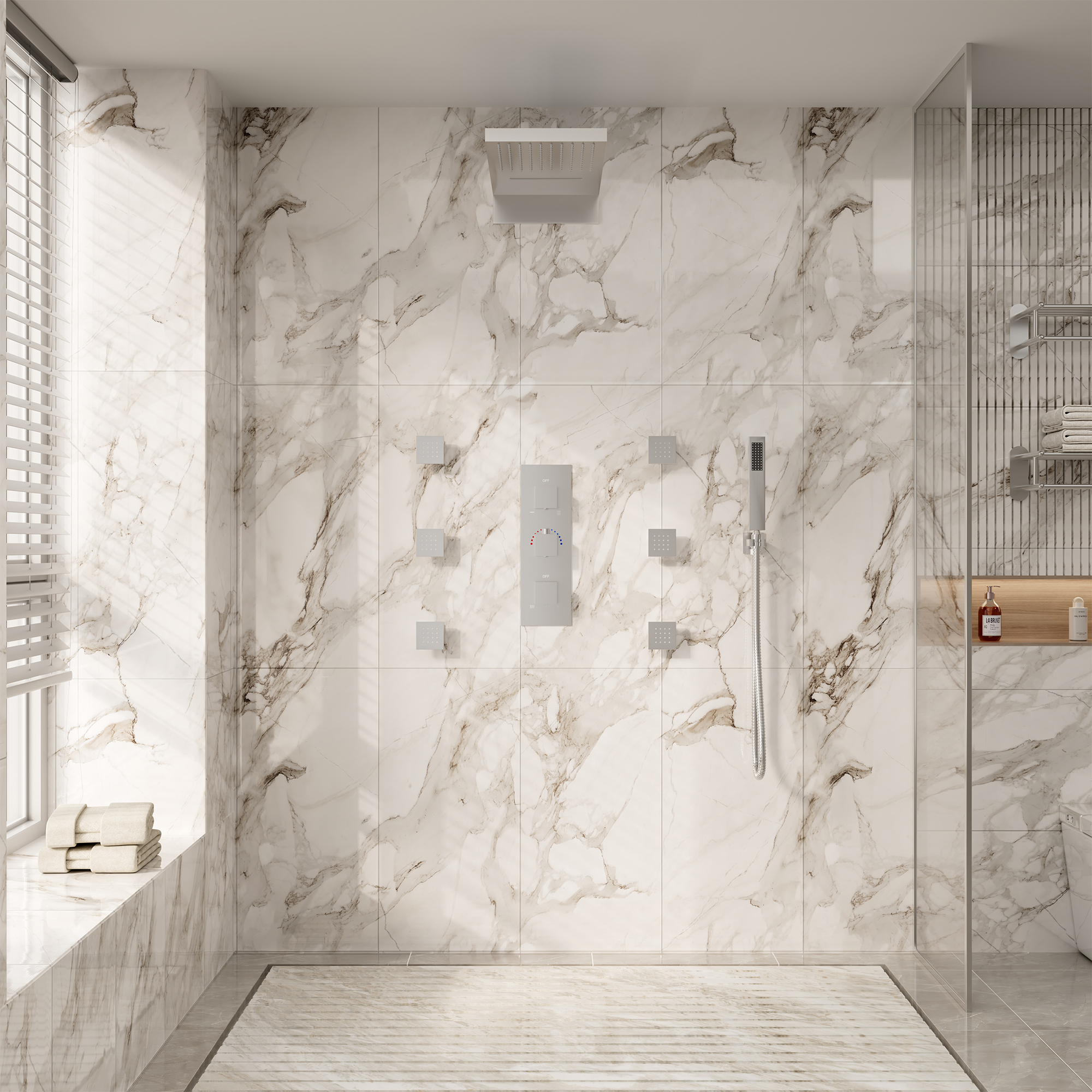 Luxury 4-Function Thermostatic Shower System with Rainfall & Body Jets