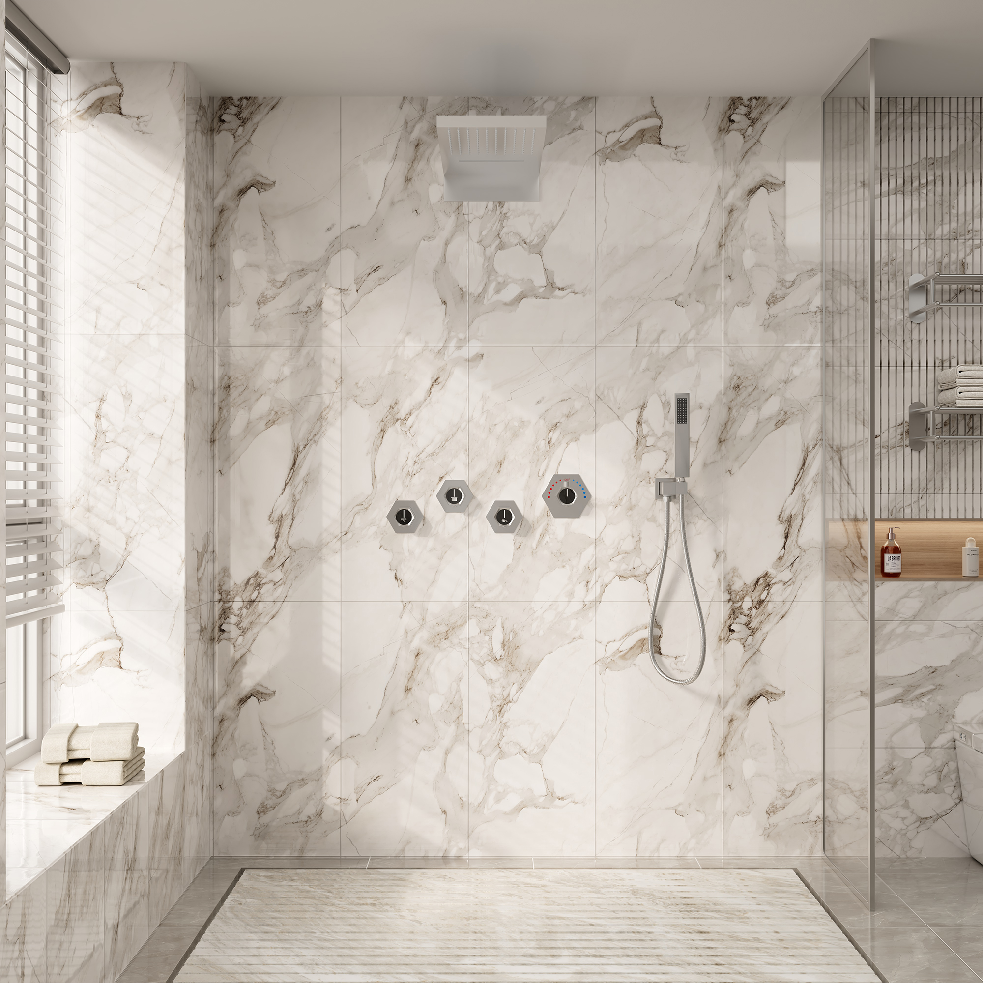 22" Wall-Mount Thermostatic Shower System with 64-Color LED & Built-In Music