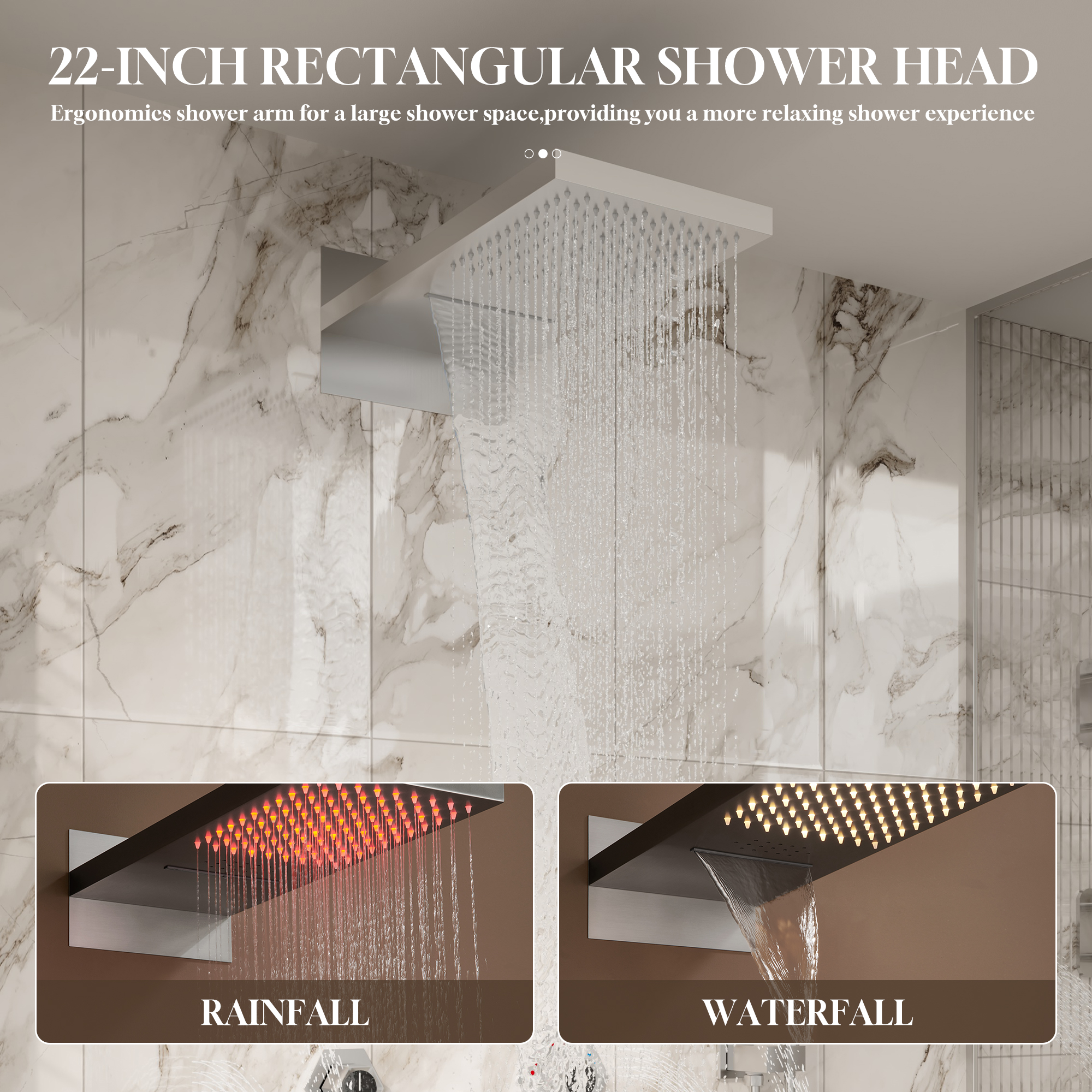 22" Wall-Mount Thermostatic Shower System with 64-Color LED & Built-In Music