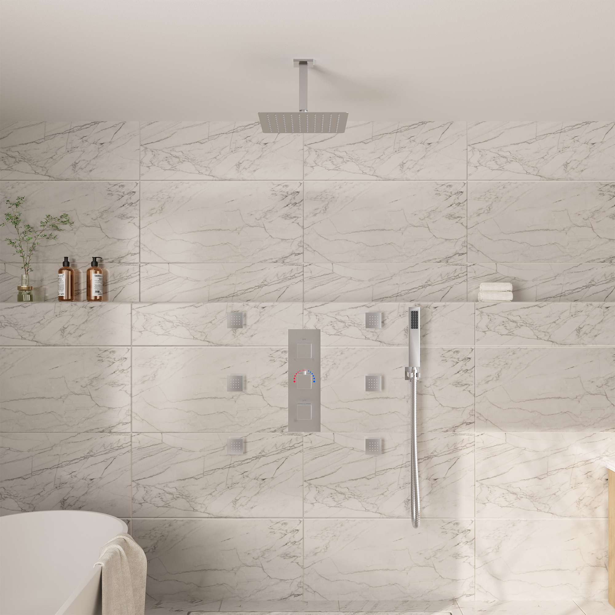 3-Function Ceiling-Mounted Thermostatic Shower System with 6 Body Jets