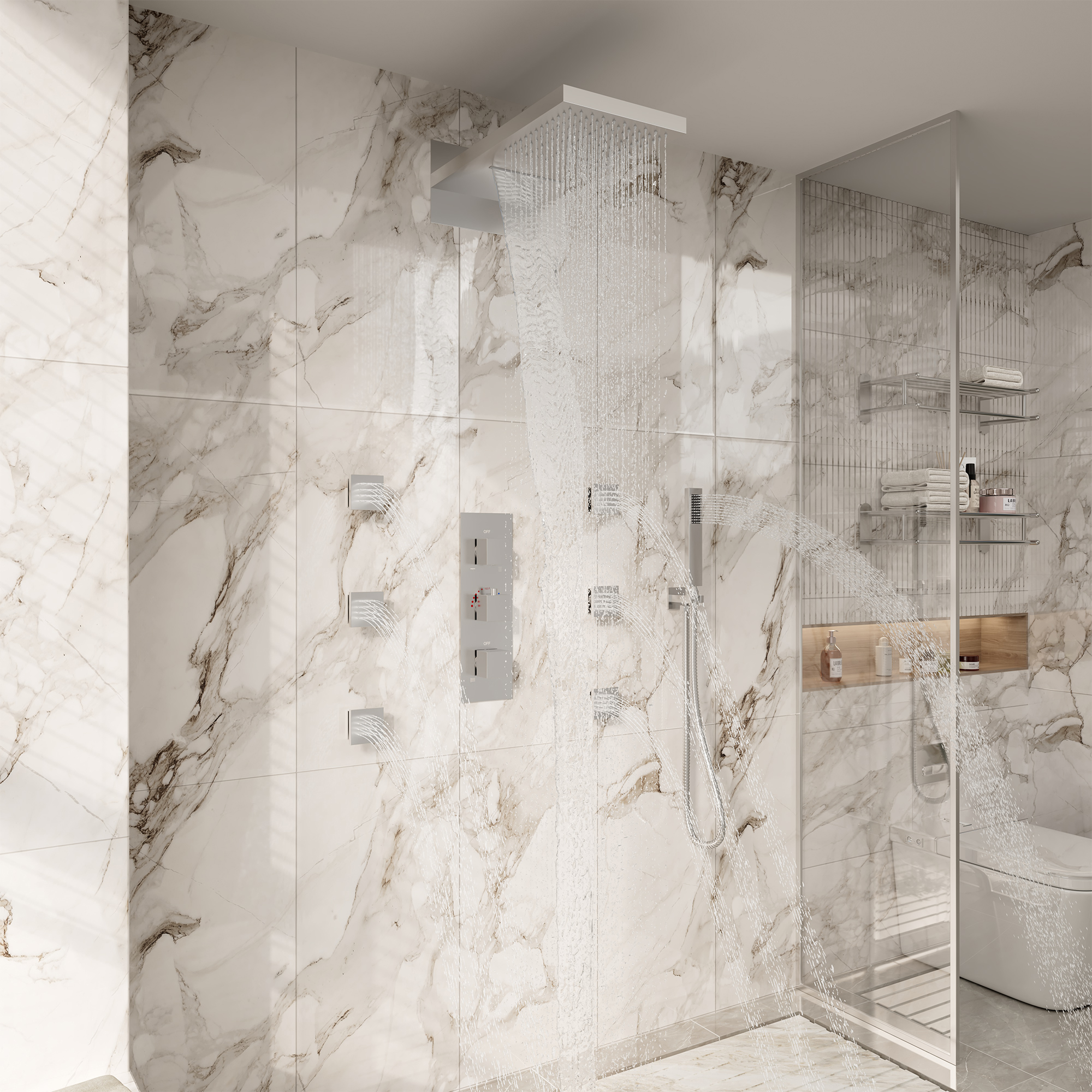 Luxury 4-Function Thermostatic Shower System with Rainfall & Body Jets