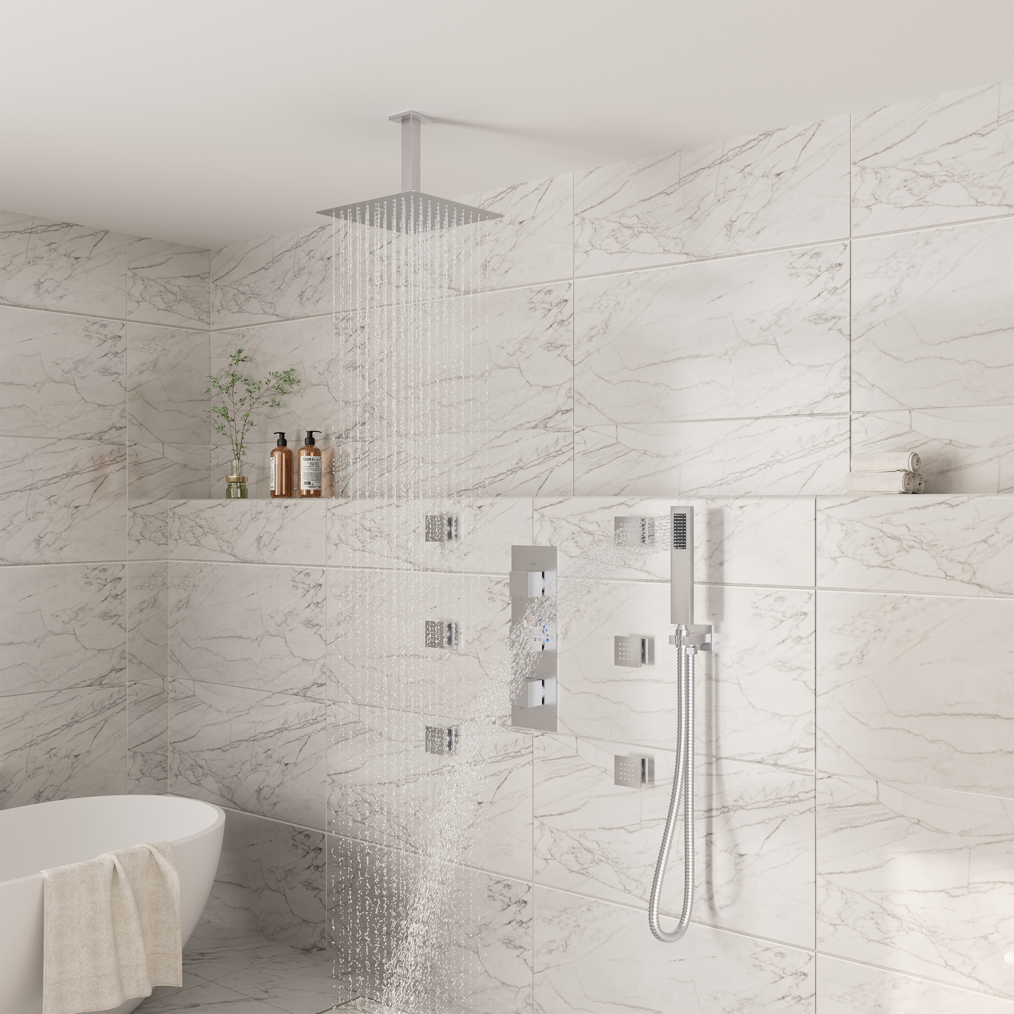 3-Function Ceiling-Mounted Thermostatic Shower System with 6 Body Jets