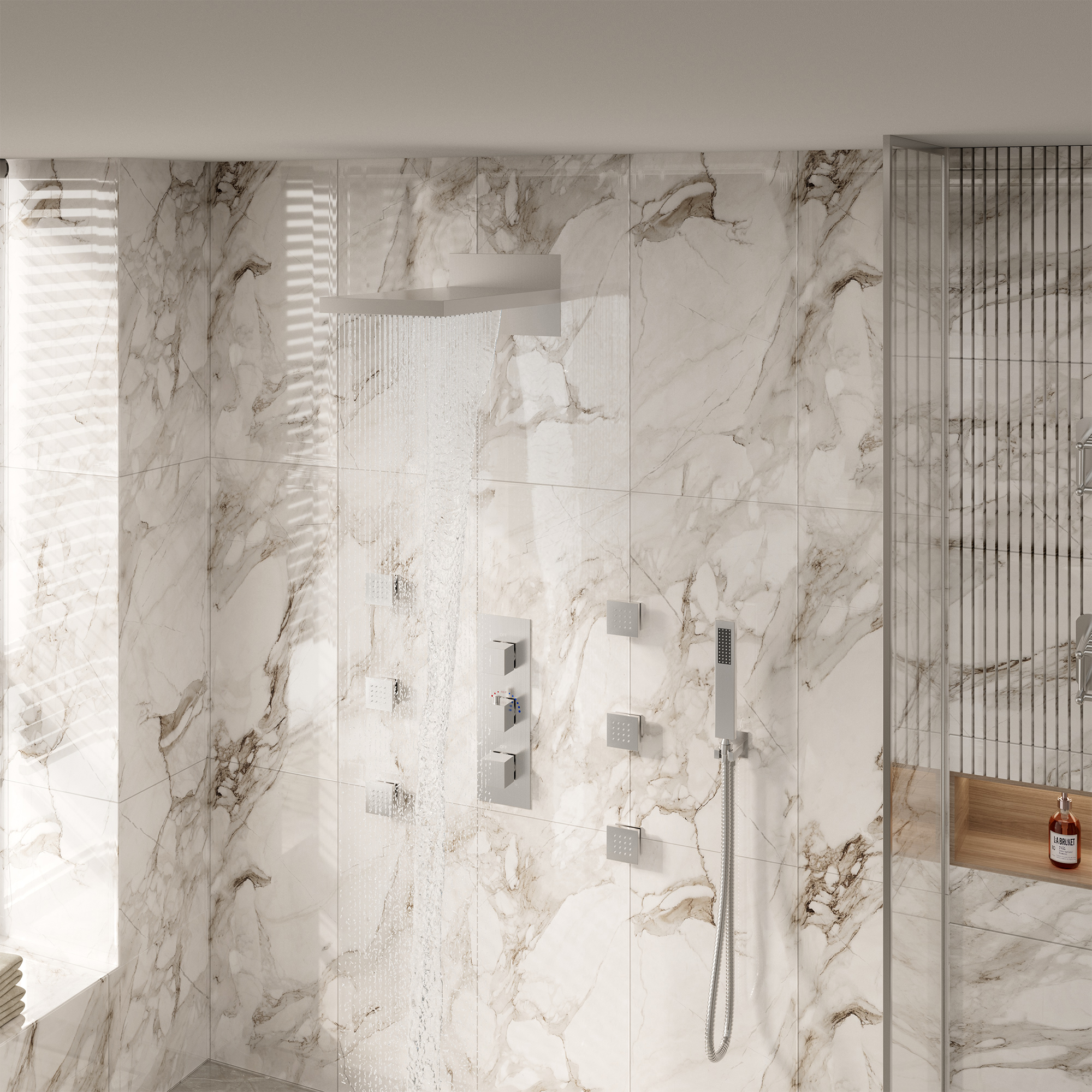 Luxury 4-Function Thermostatic Shower System with Rainfall & Body Jets