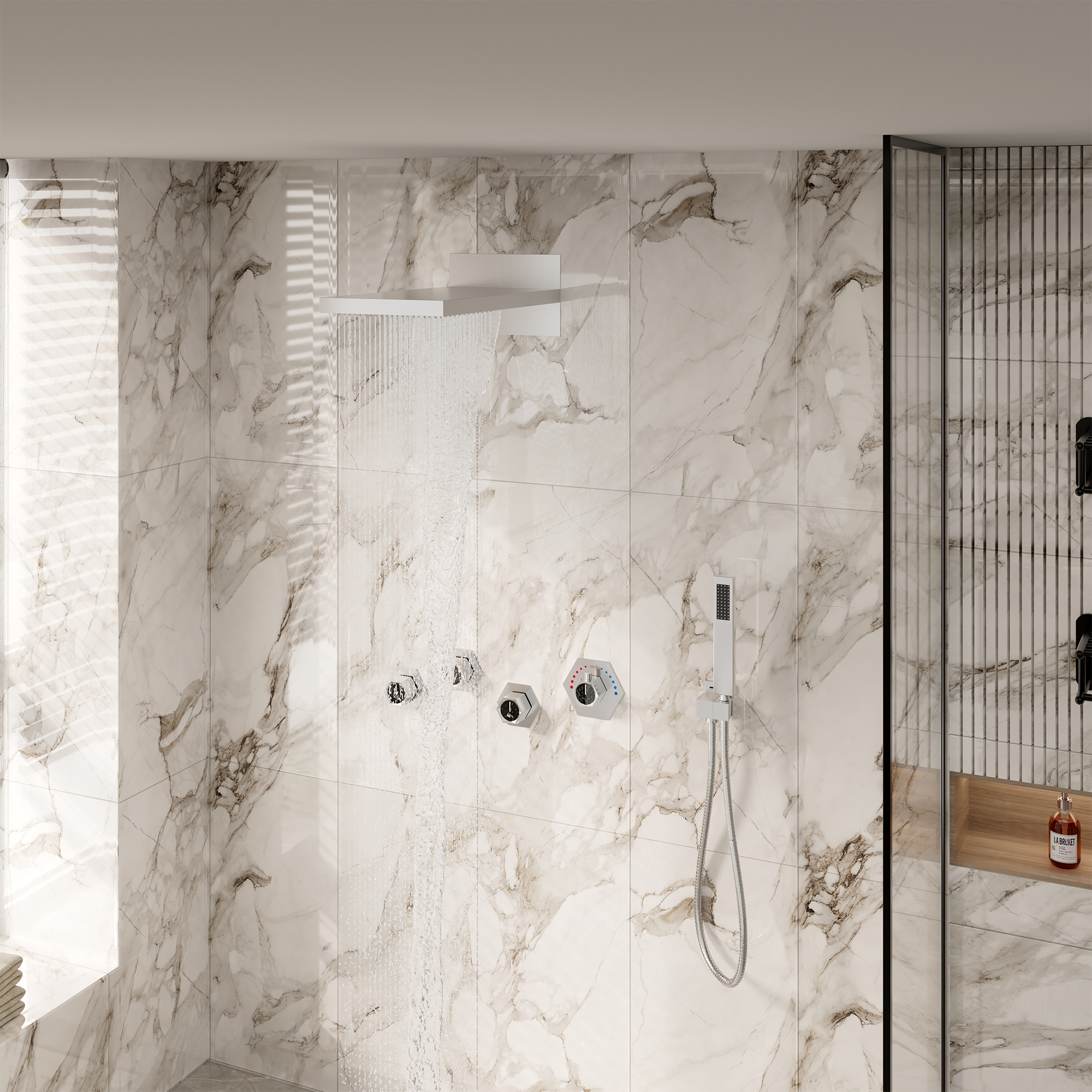 22" Wall-Mount Thermostatic Shower System with 64-Color LED & Built-In Music