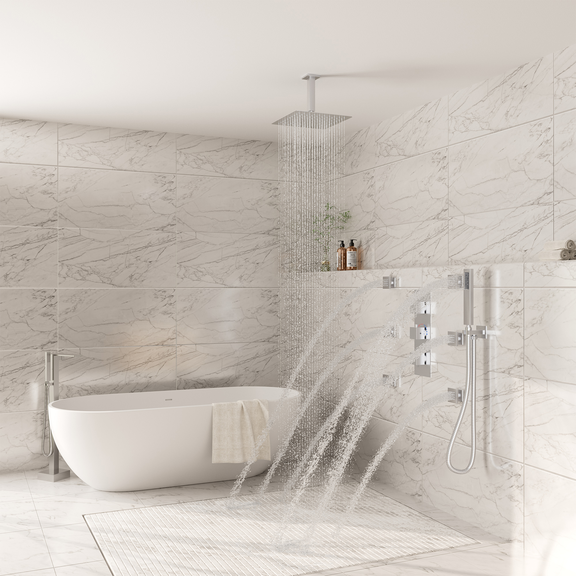 3-Function Ceiling-Mounted Thermostatic Shower System with 6 Body Jets