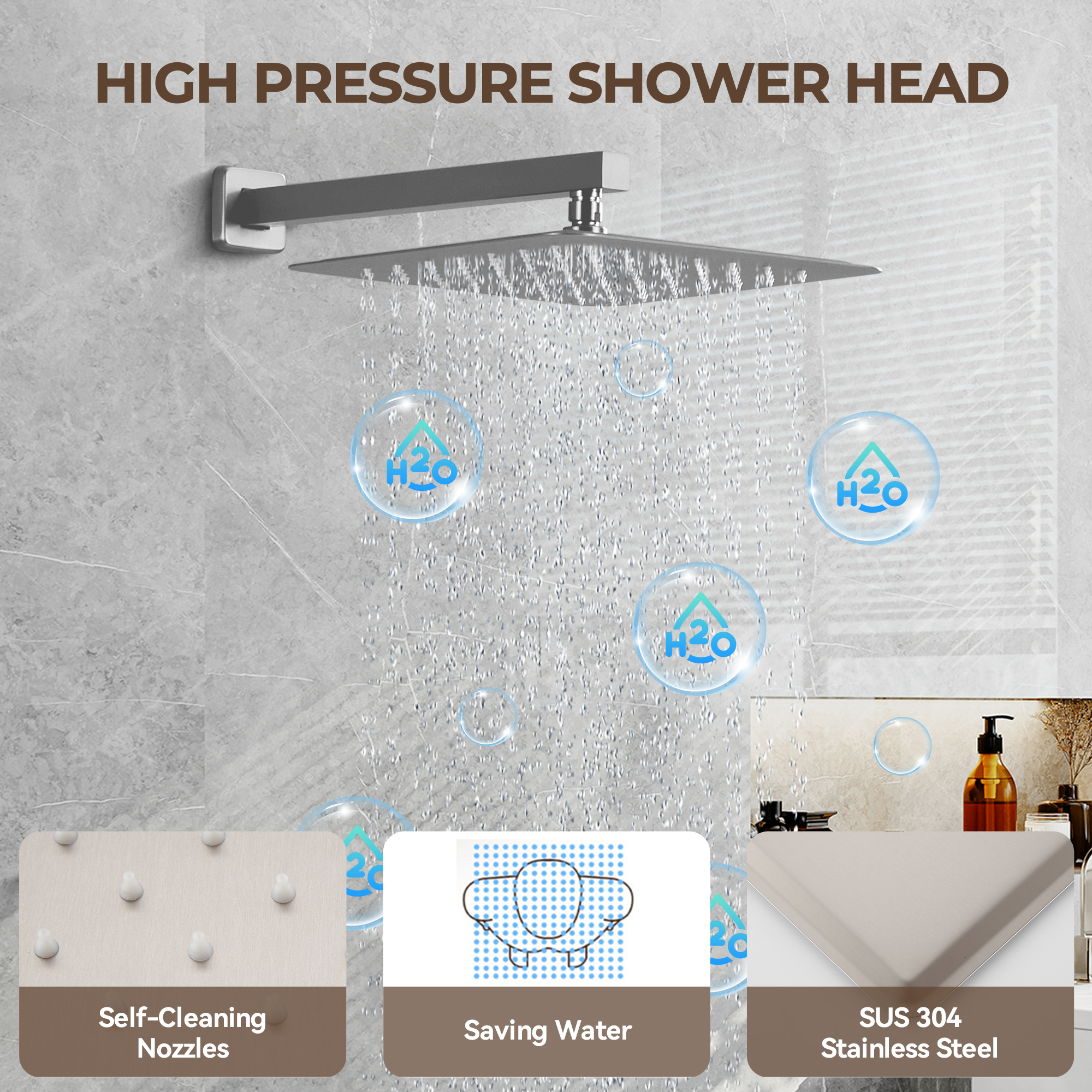 12" Wall Mount Rain Shower System with Water-Powered Digital Display