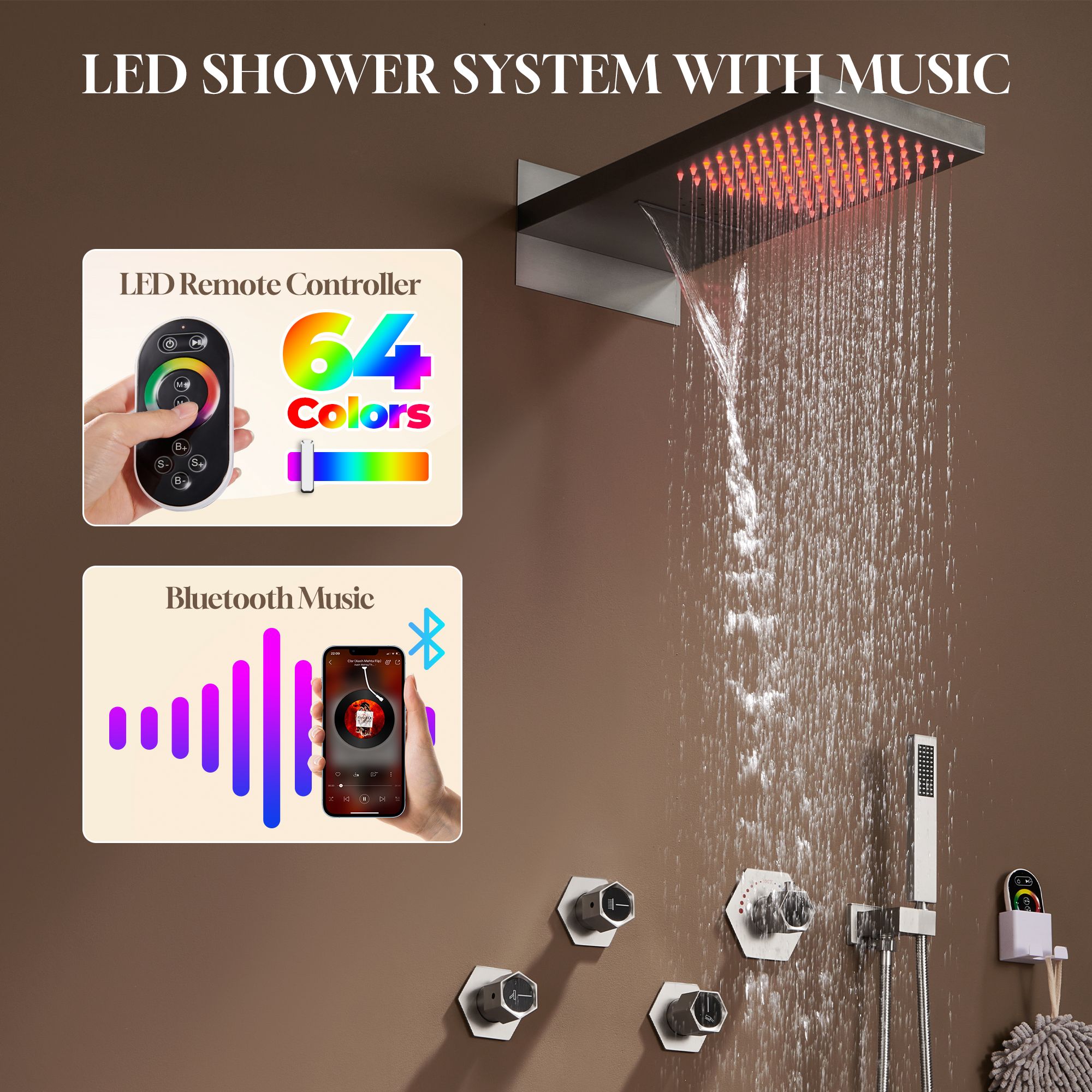 22" Wall-Mount Thermostatic Shower System with 64-Color LED & Built-In Music