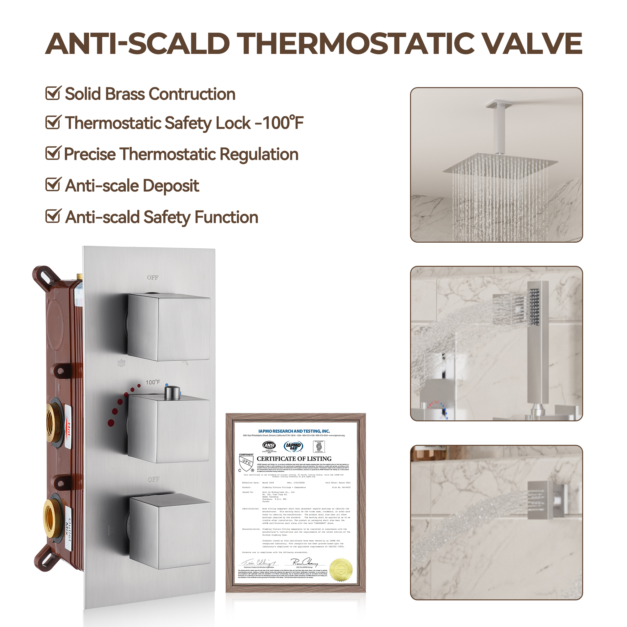 3-Function Ceiling-Mounted Thermostatic Shower System with 6 Body Jets