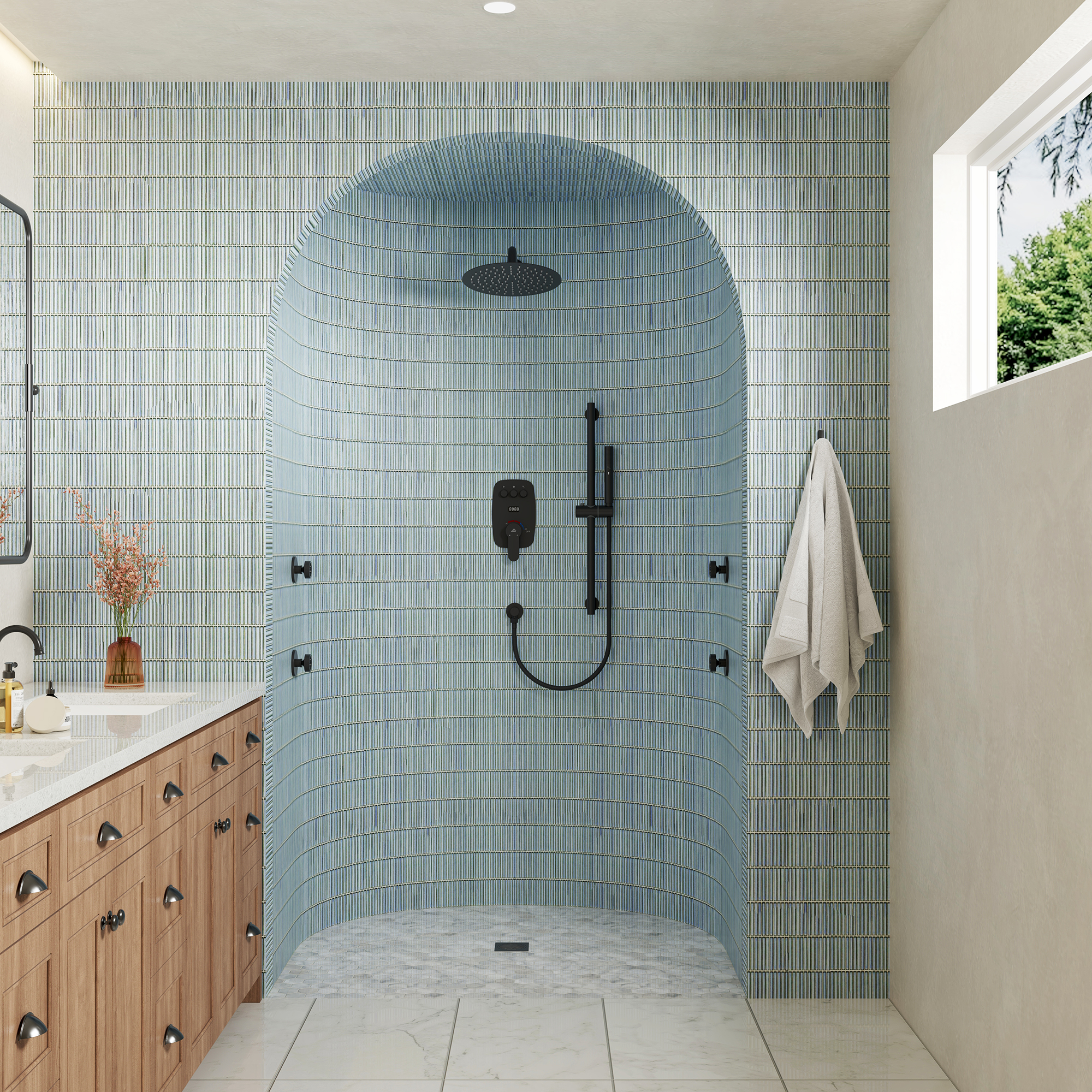 12" Wall-Mounted Body Jet Shower System with Slide Bar & Digital Display