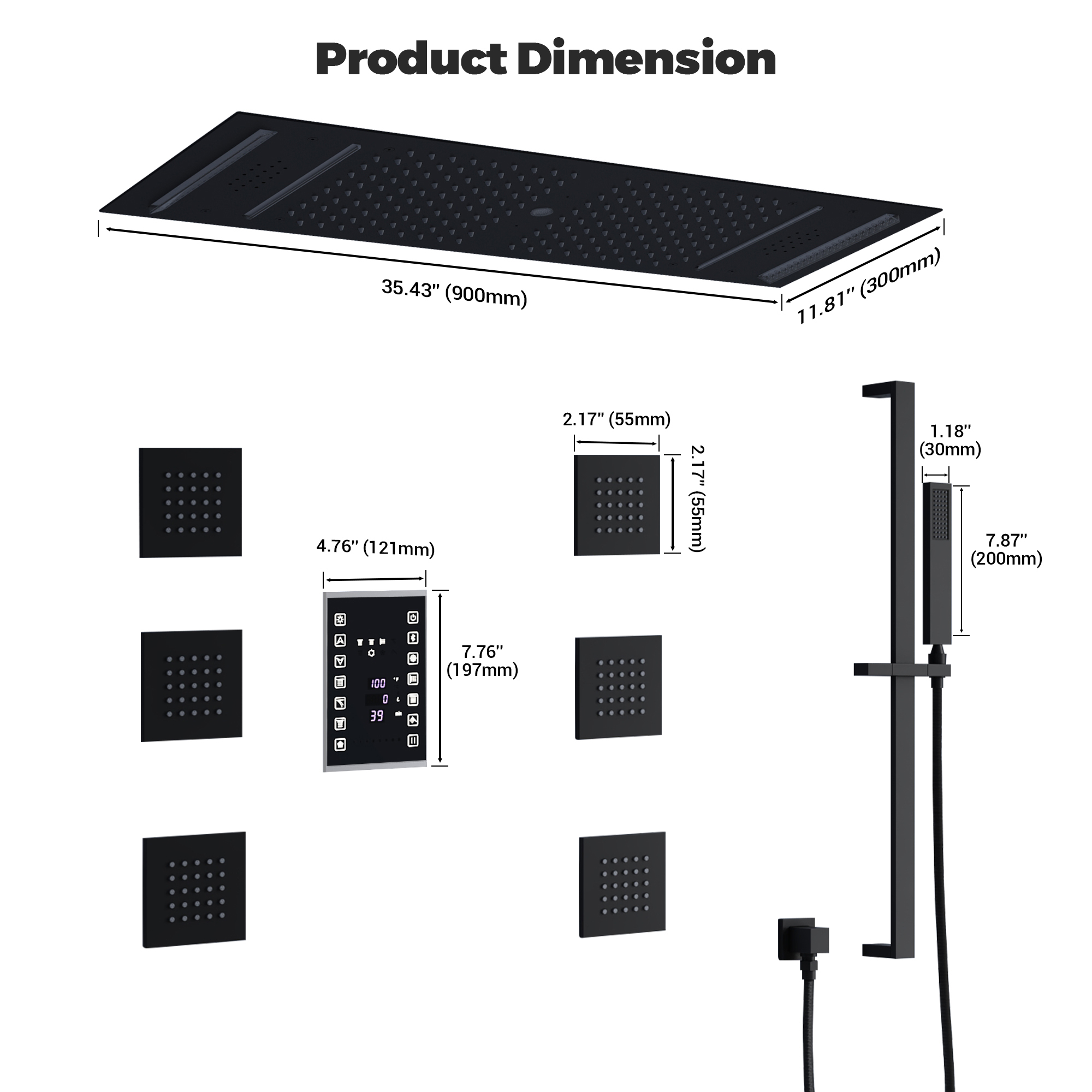 35" x 12" 6-Function Thermostatic Shower System with Digital Touch Screen & LED Lights