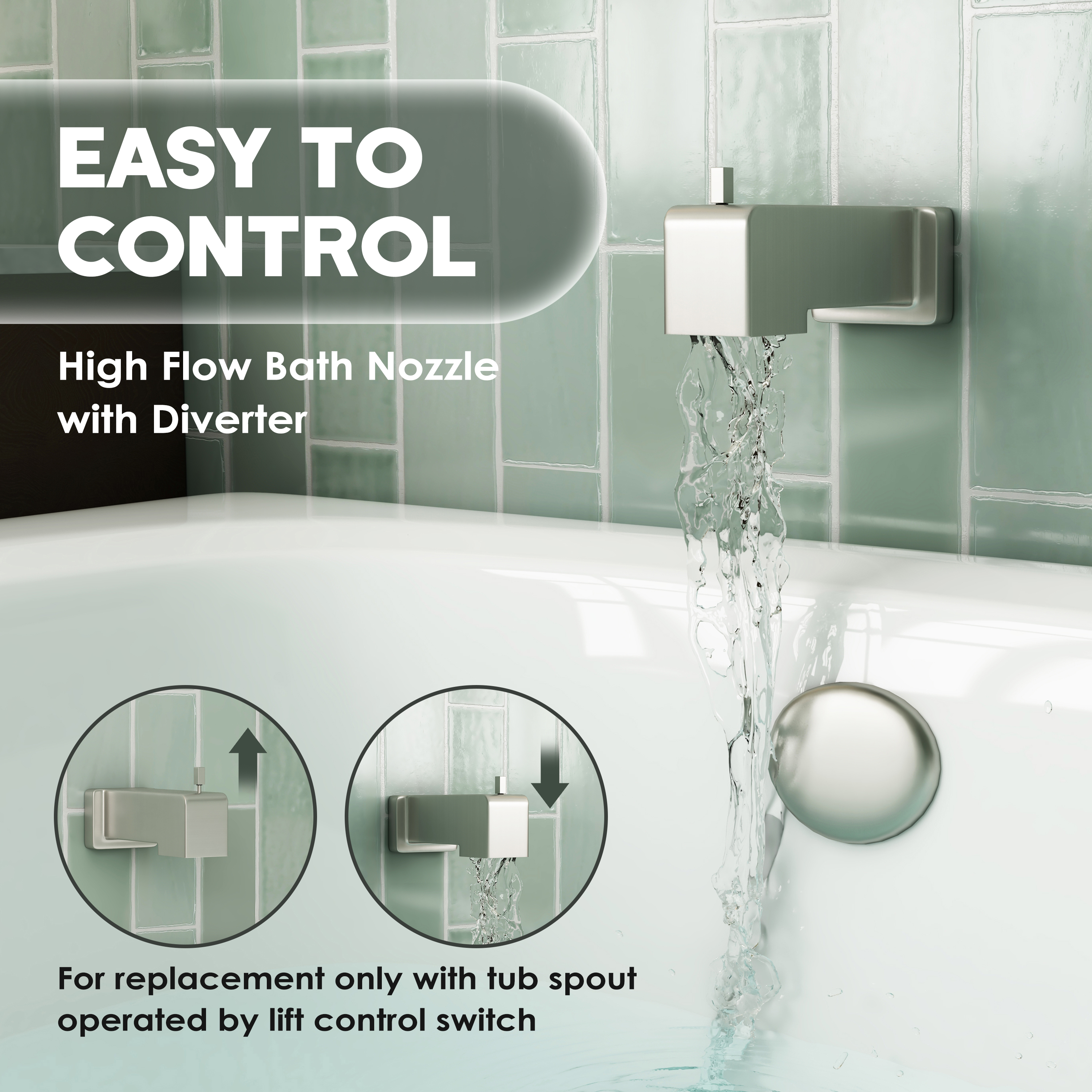 Replacement Lift-Rod Tub Spout with 1/2" NPT Connection