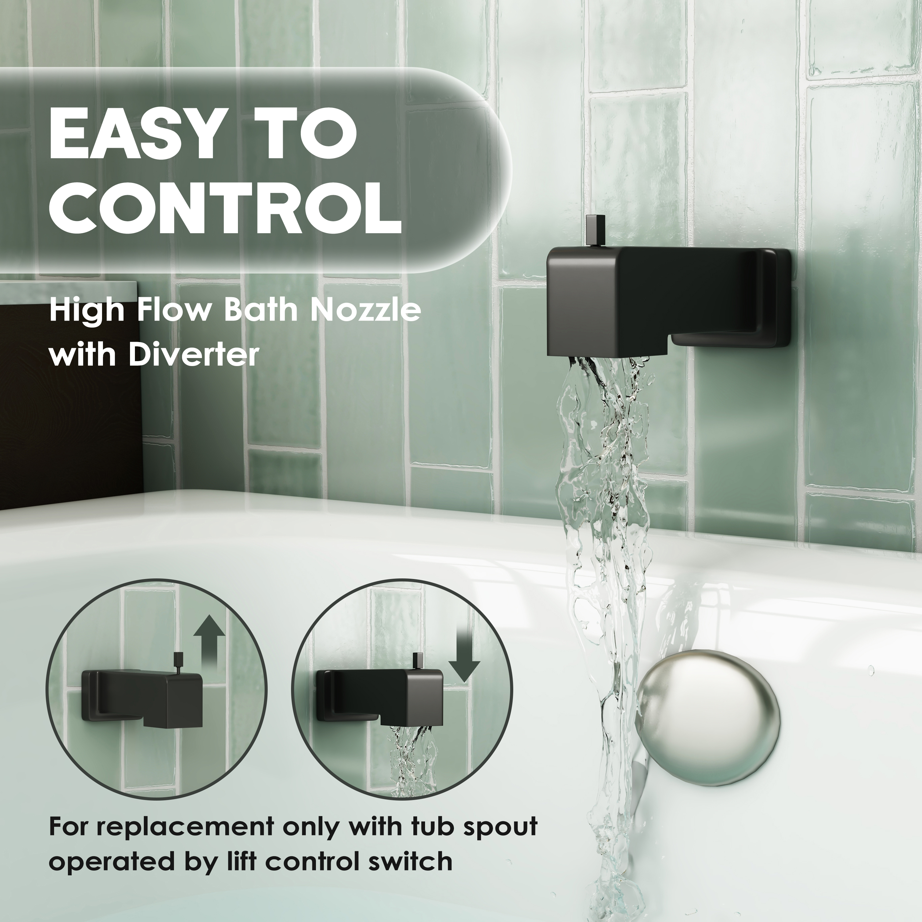 Replacement Lift-Rod Tub Spout with 1/2" NPT Connection