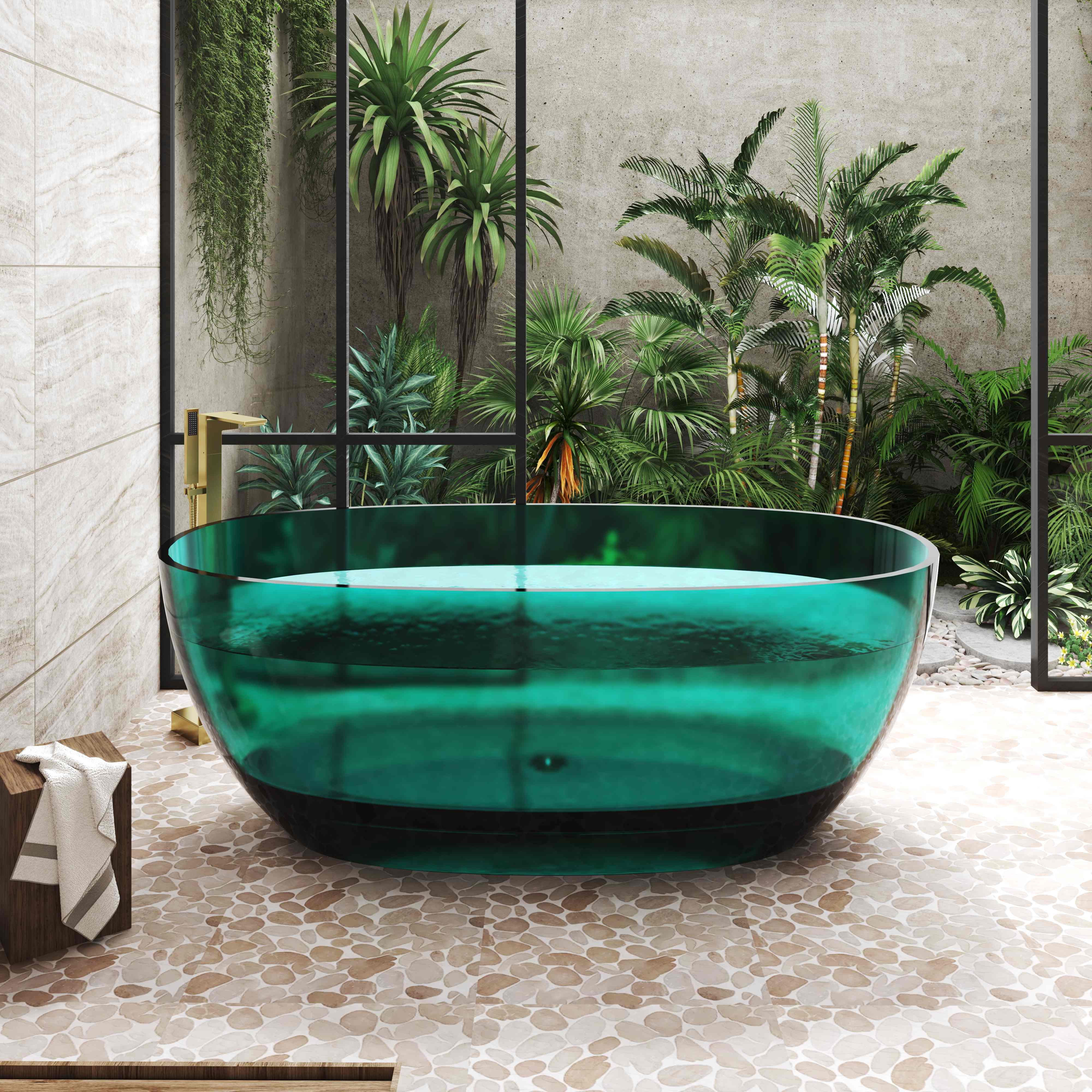 59"/67" Pure Resin Freestanding Transparent Bathtub with Center Drain - Marfa