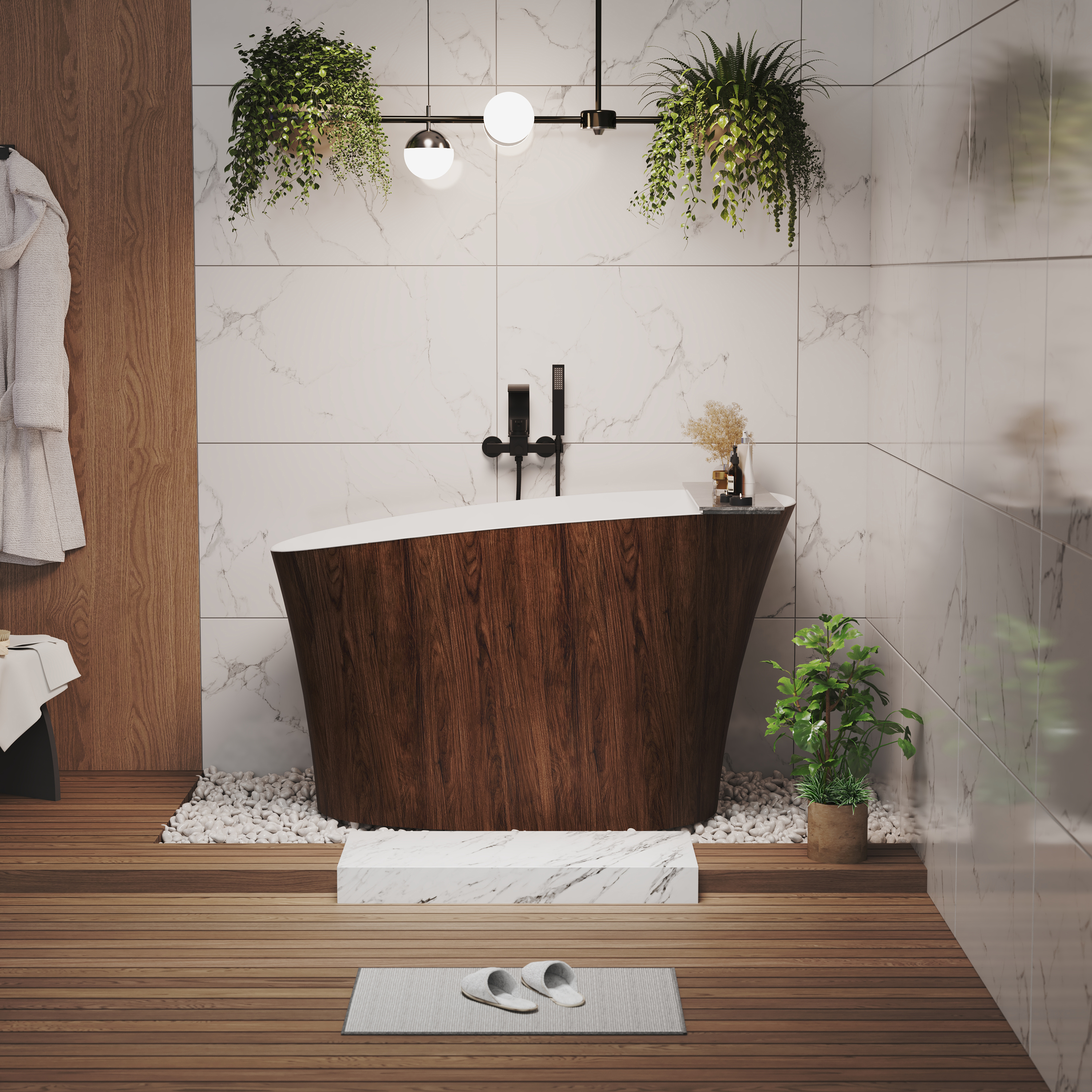 51" Freestanding Solid Surface Soaking Tub with Built-In Seat in Wood Grain & Marble Finish