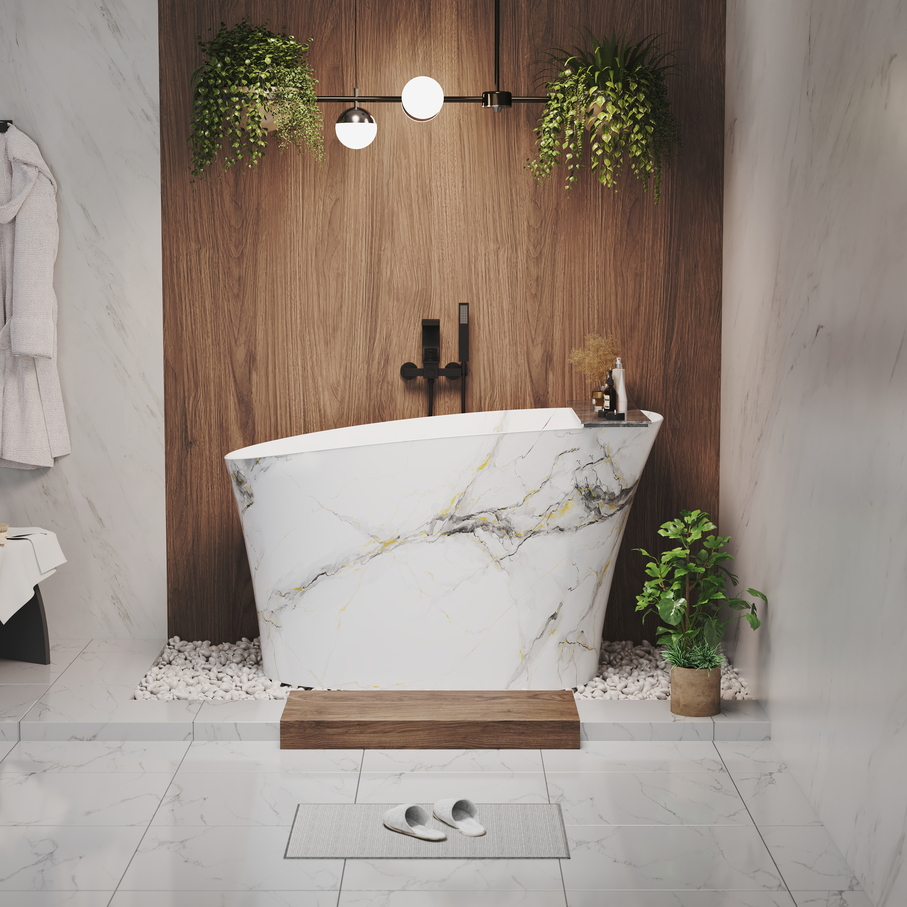 51" Freestanding Solid Surface Soaking Tub with Built-In Seat in Wood Grain & Marble Finish