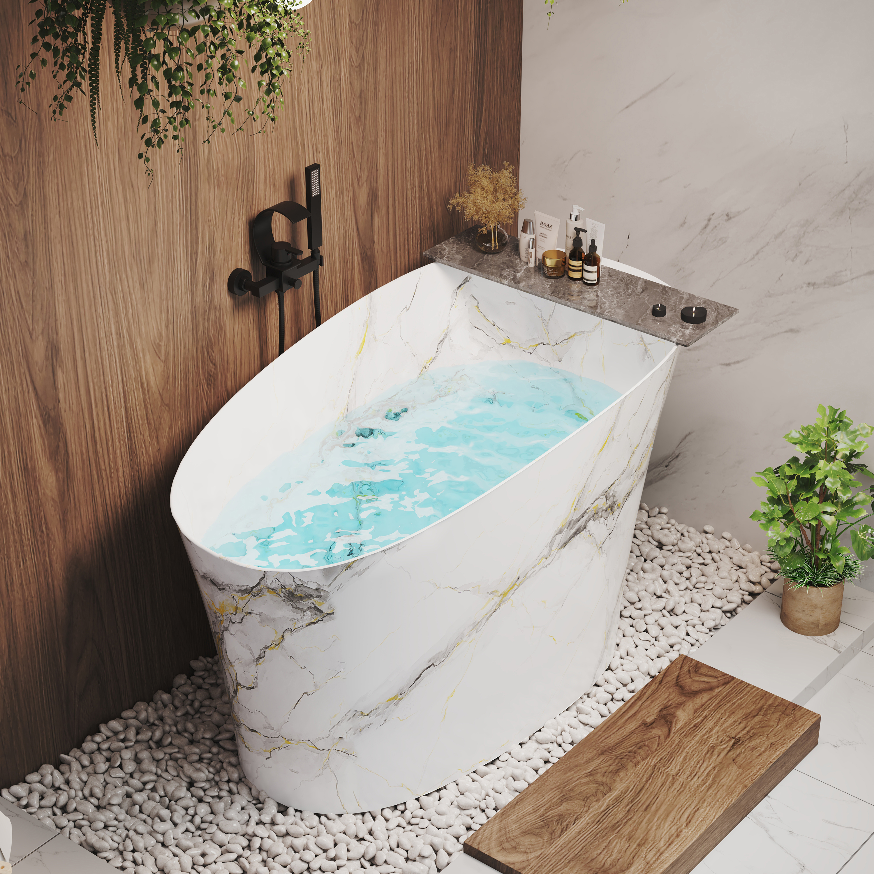 51" Freestanding Solid Surface Soaking Tub with Built-In Seat in Wood Grain & Marble Finish