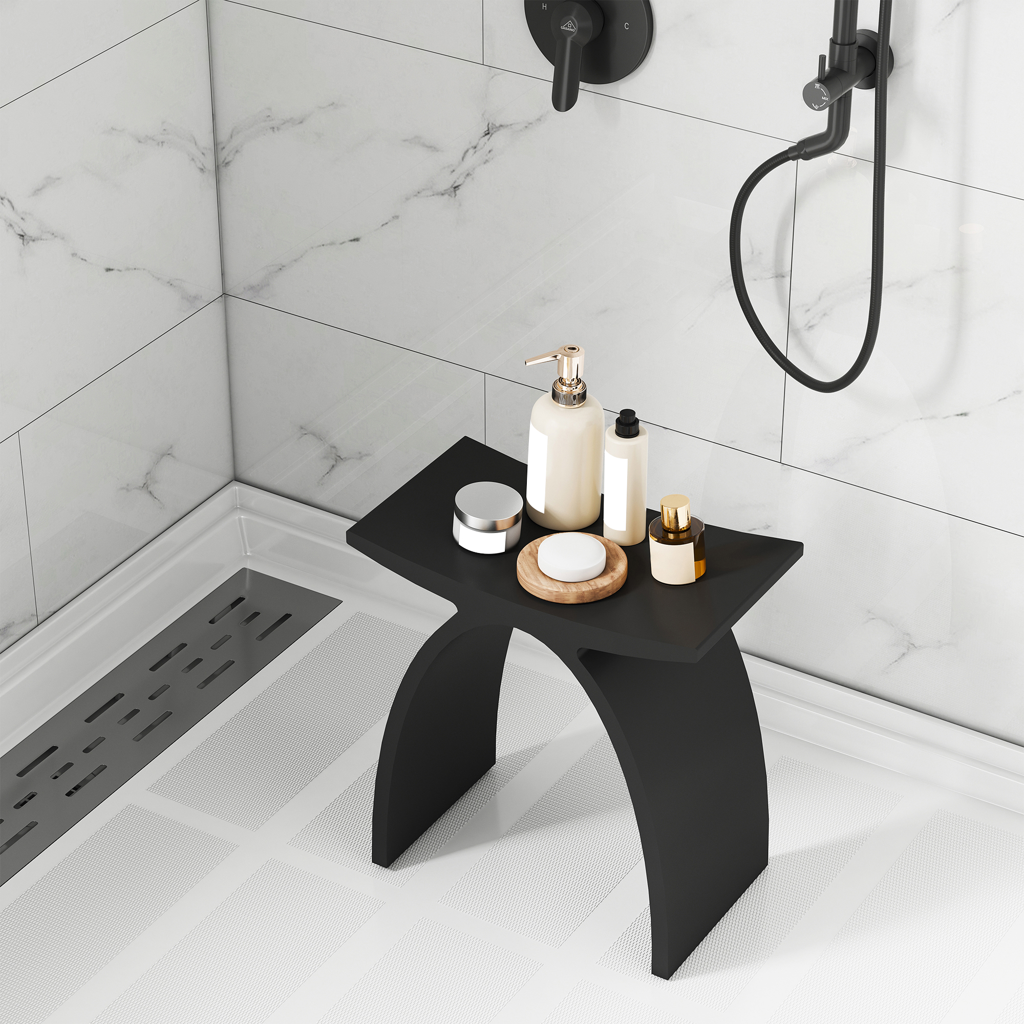 Modern Arched Solid Surface Bathroom Shower Bench in Matte White/Matte Black