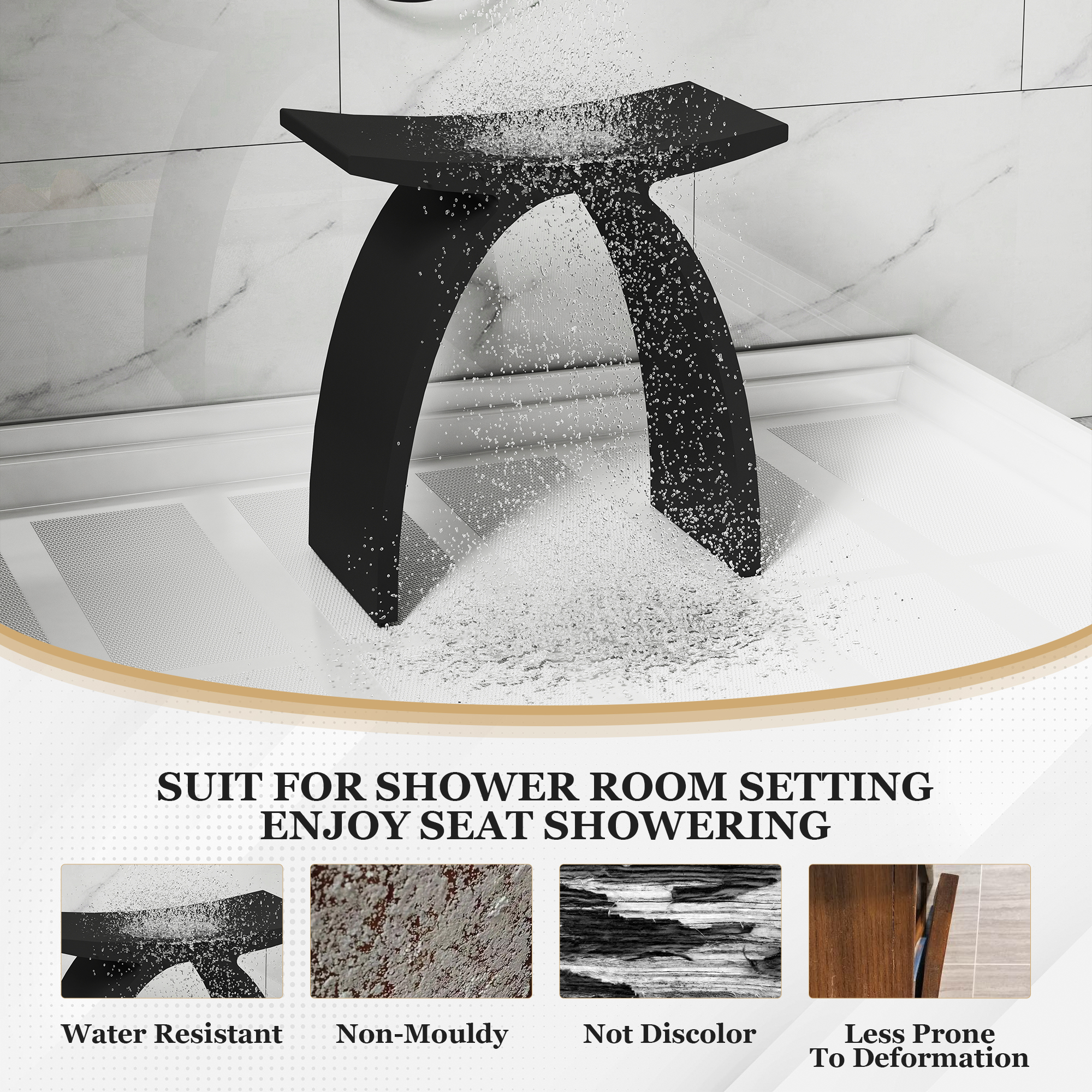 Modern Arched Solid Surface Bathroom Shower Bench in Matte White/Matte Black