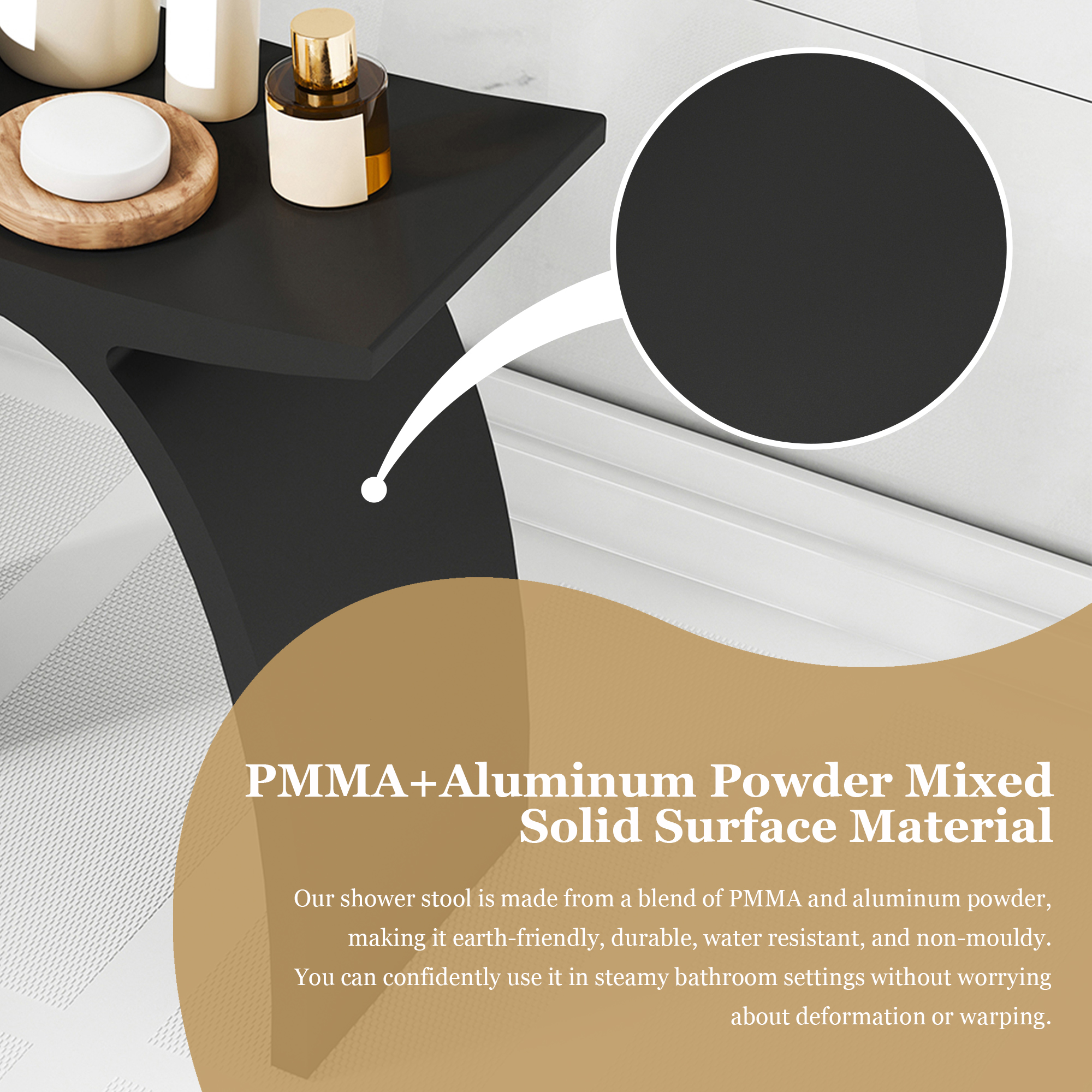 Modern Arched Solid Surface Bathroom Shower Bench in Matte White/Matte Black