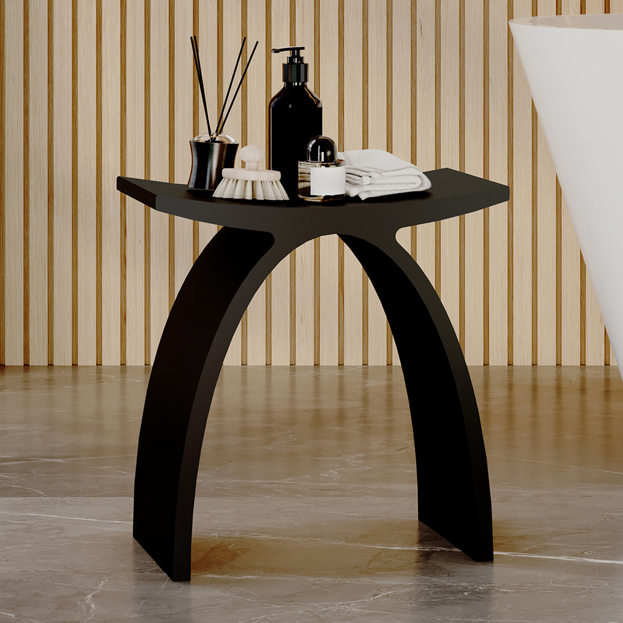 Modern Arched Solid Surface Bathroom Shower Bench in Matte White/Matte Black