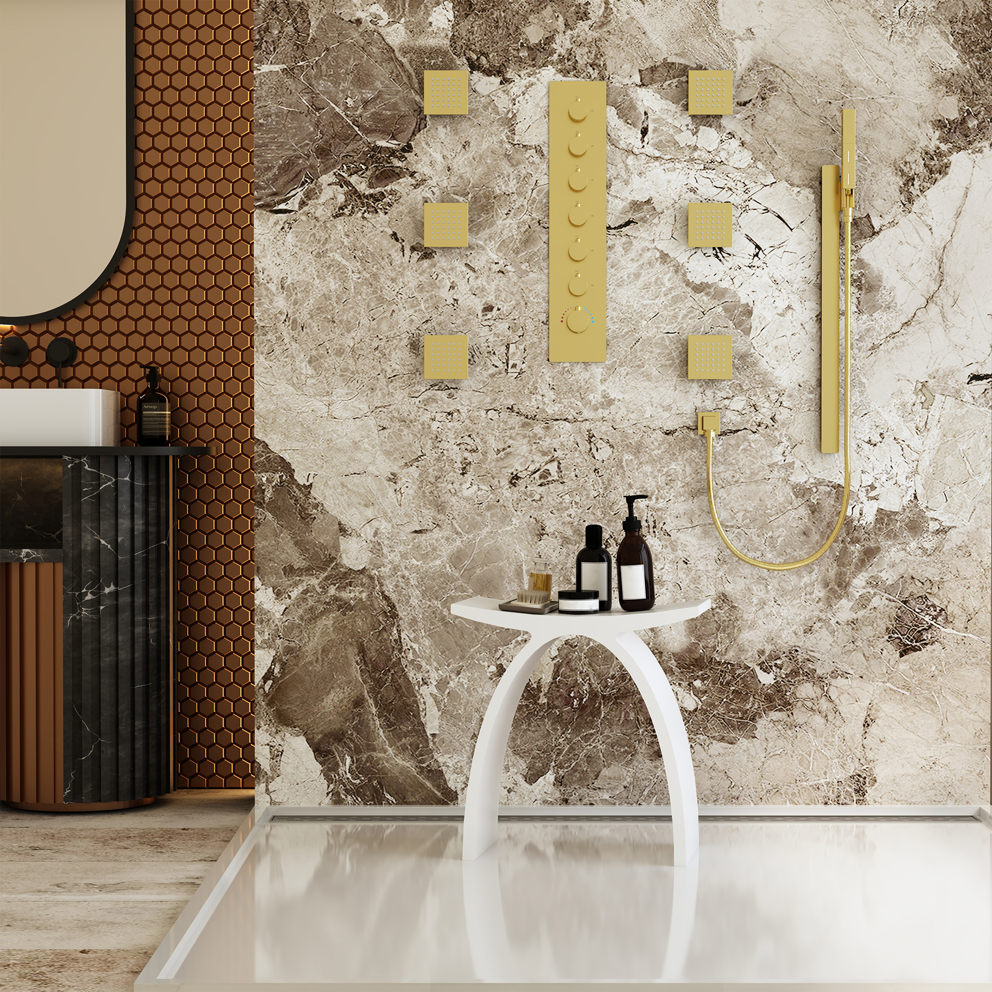 Modern Arched Solid Surface Bathroom Shower Bench in Matte White/Matte Black