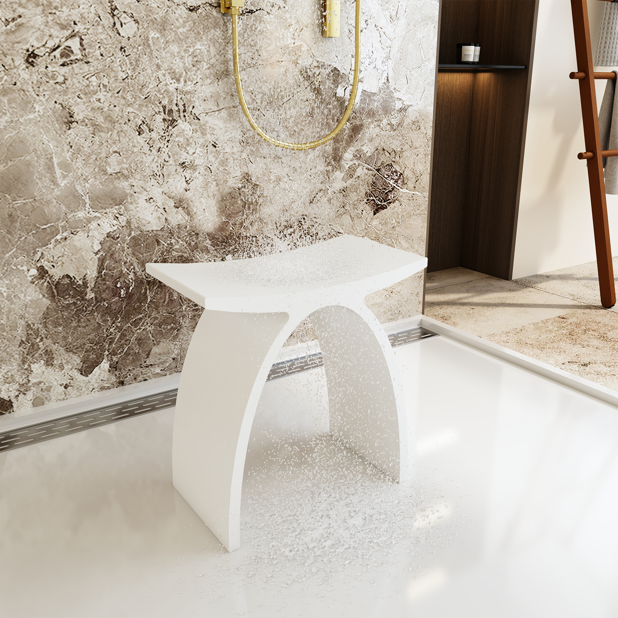 Modern Arched Solid Surface Bathroom Shower Bench in Matte White/Matte Black