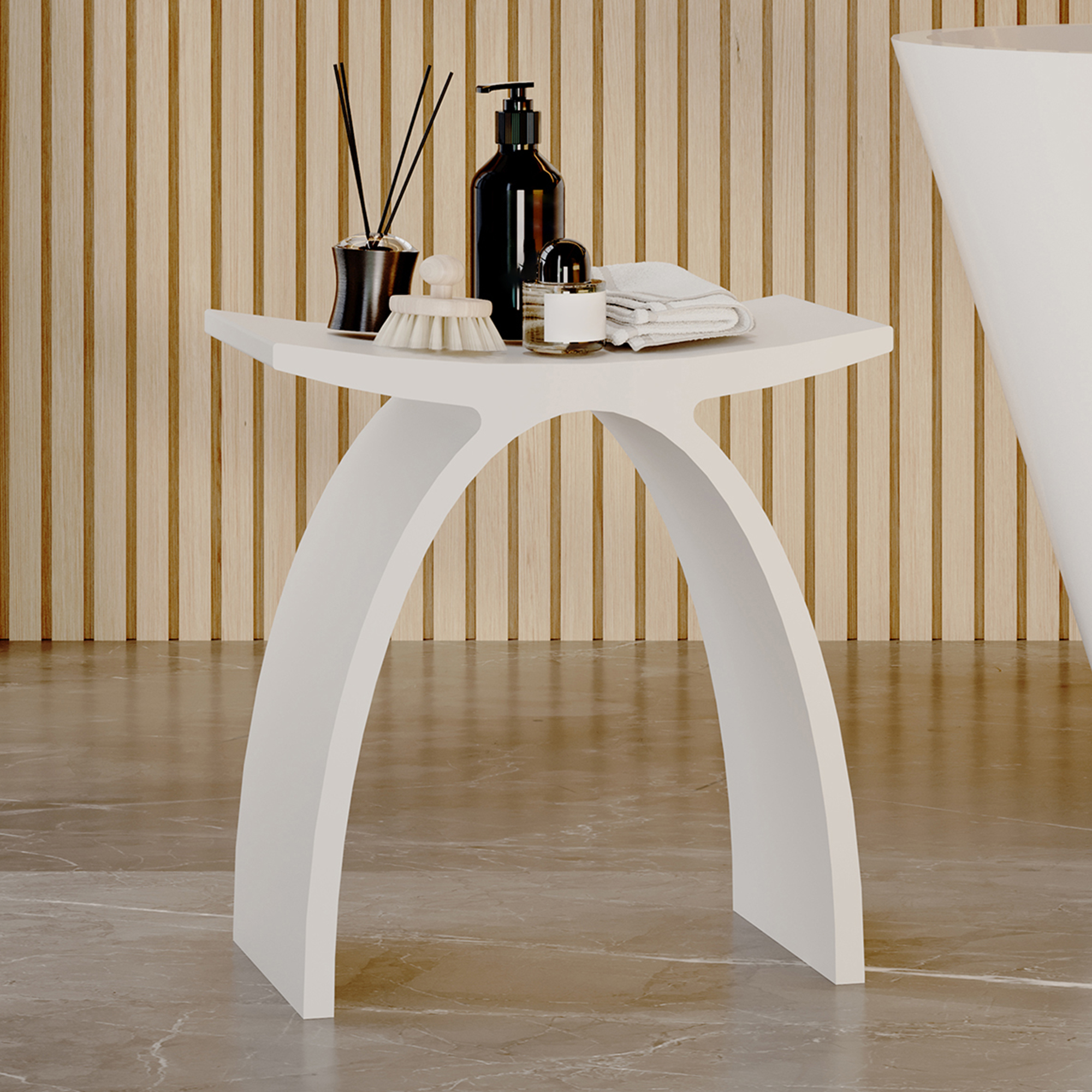 Modern Arched Solid Surface Bathroom Shower Bench in Matte White/Matte Black