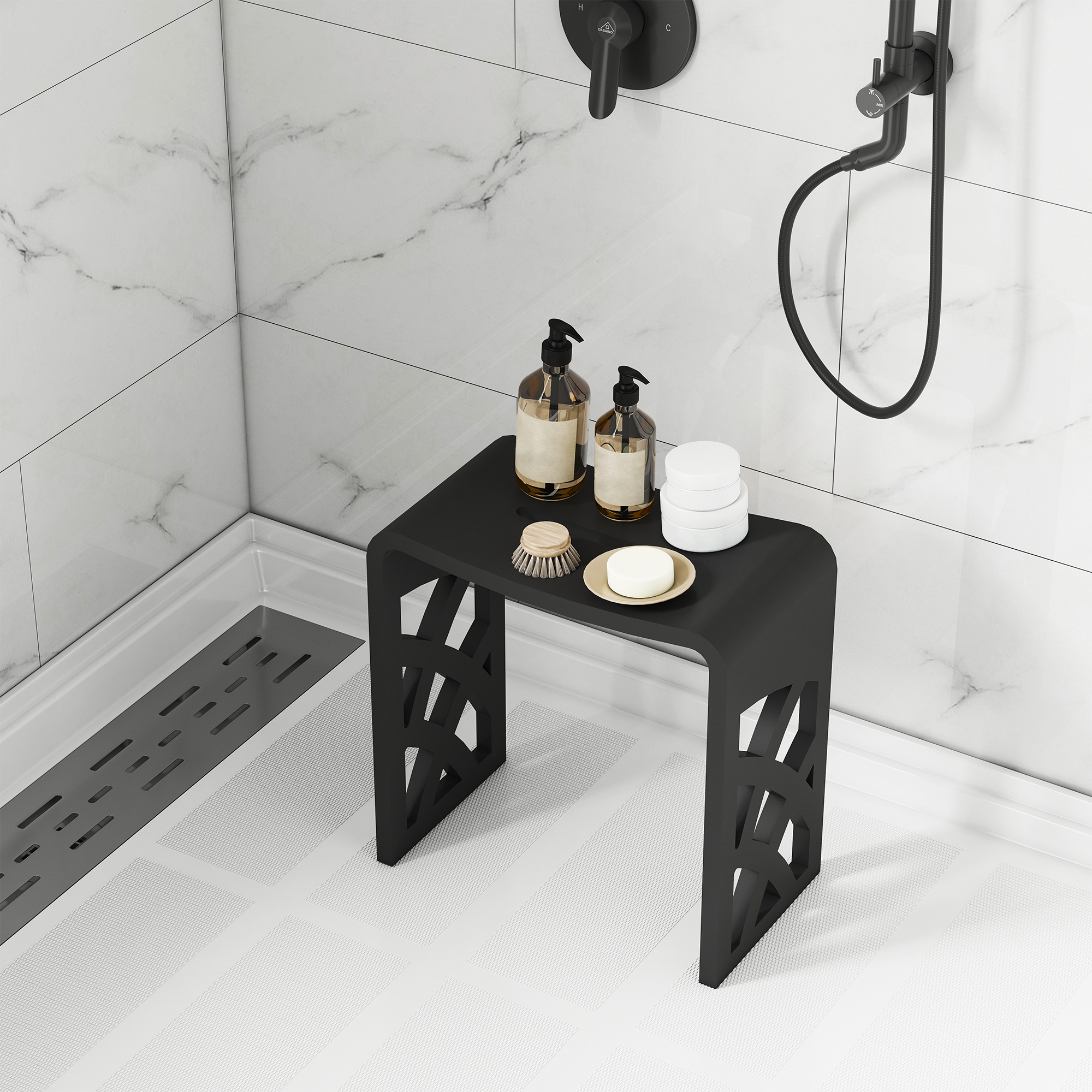 Chic Solid Surface Stone Bathroom Bench with Lattice Carved Legs